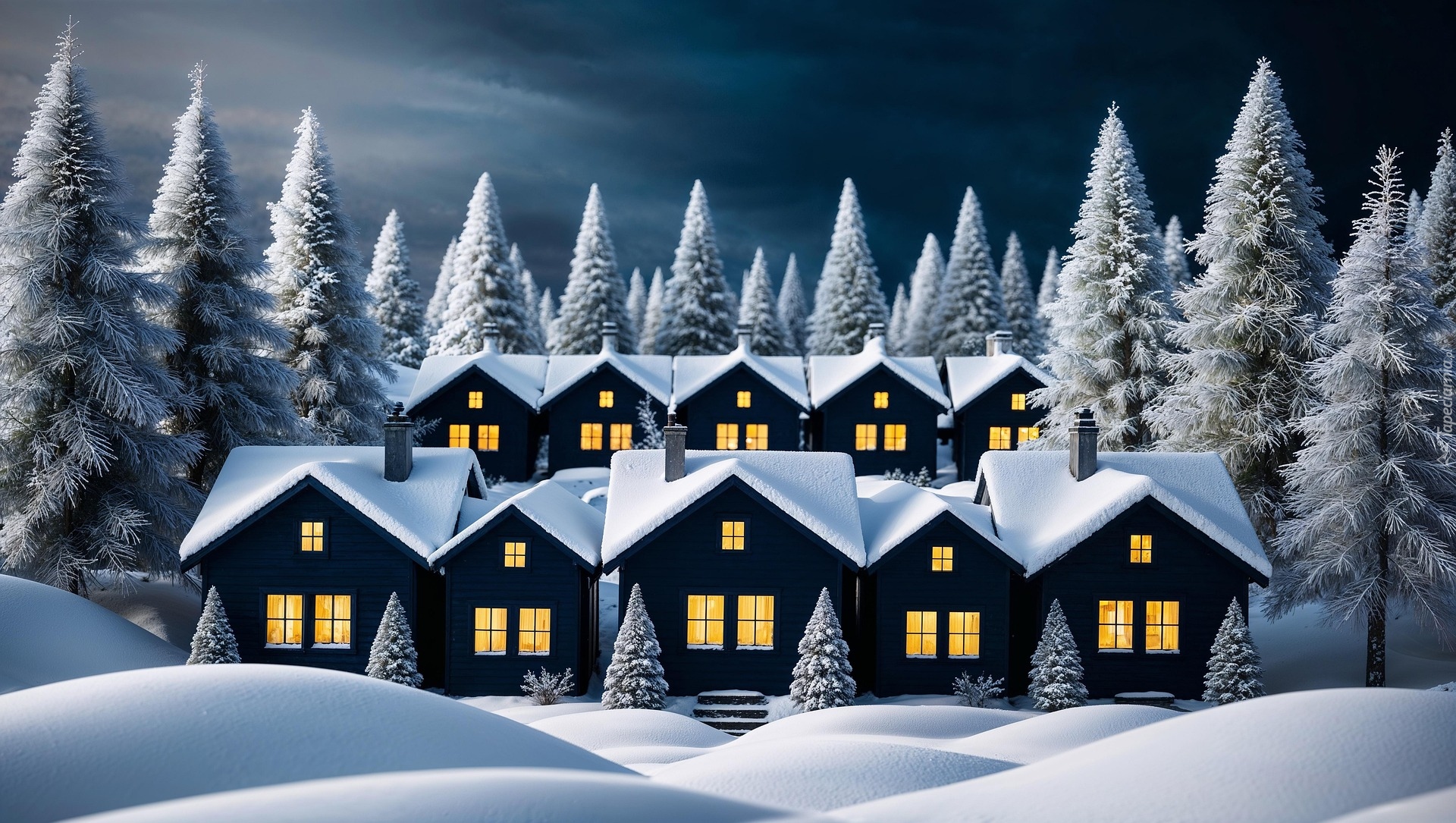 Zima, Drzewa, Domy, Grafika