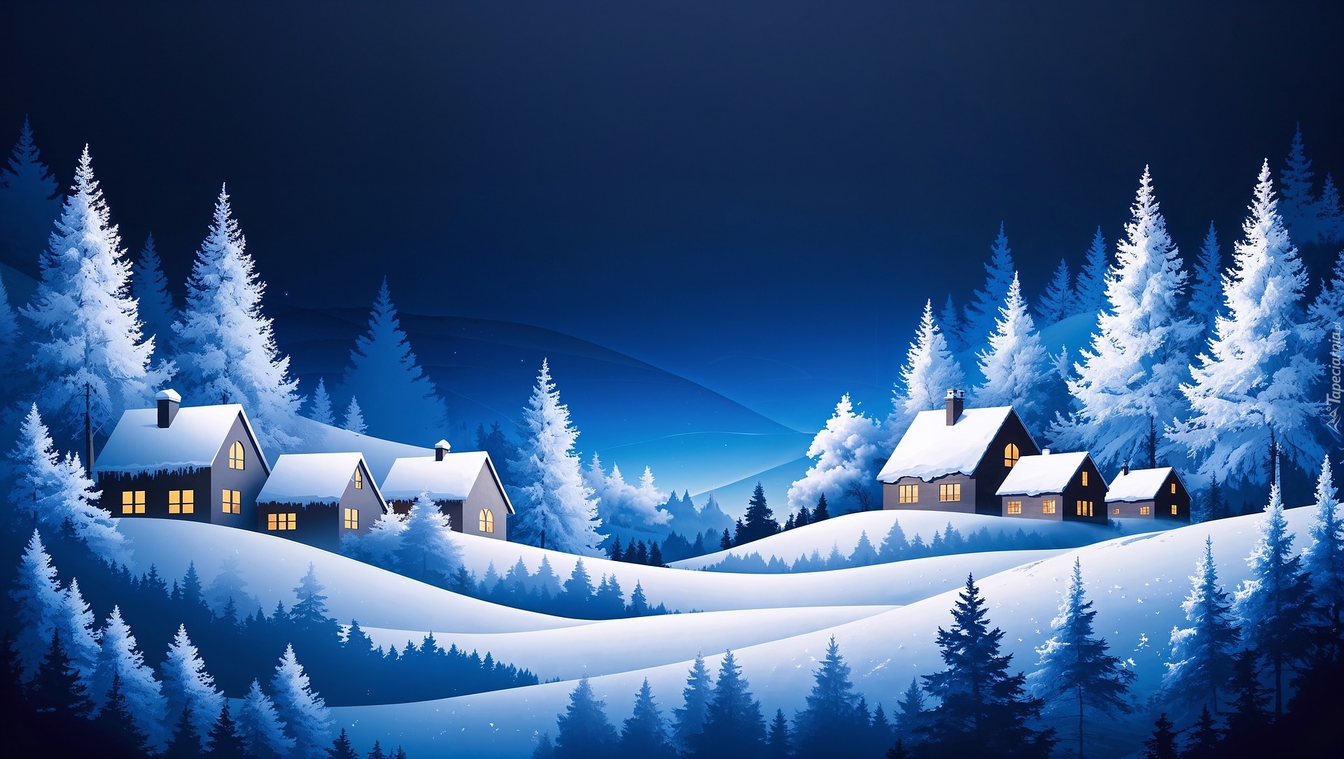 Zima, Drzewa, Śnieg, Wieś, Domy, Noc, Grafika