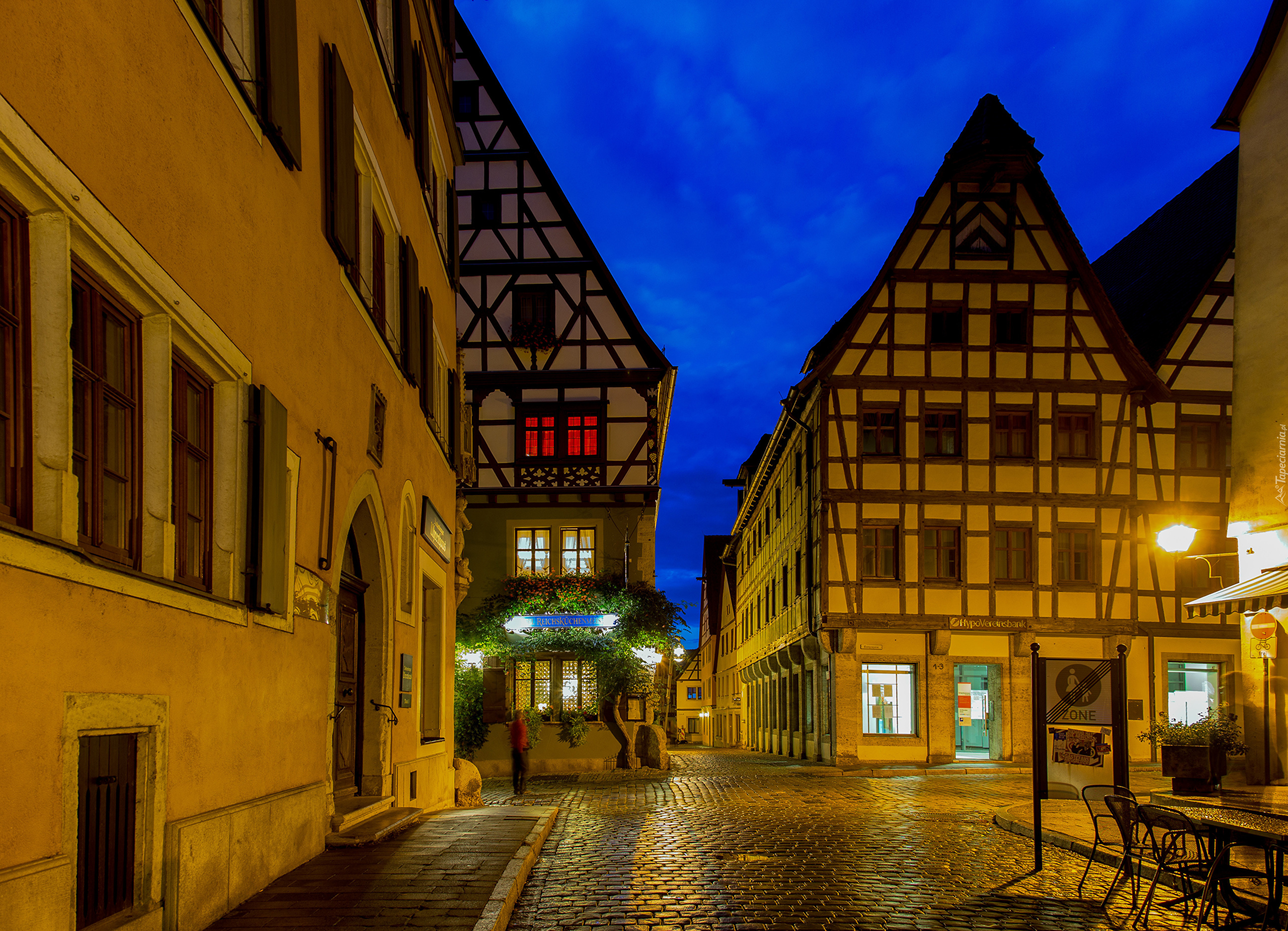 Domy, Ulica, Latarnia, Noc, Rothenburg, Niemcy