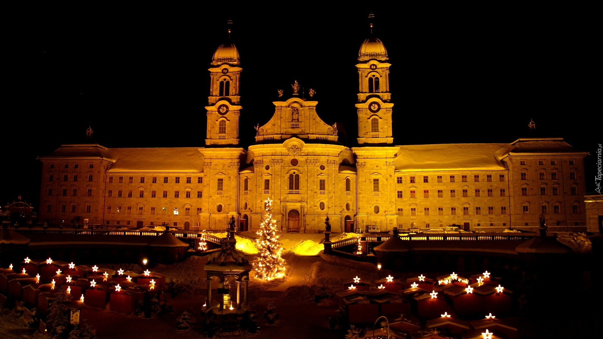Opactwo, Oświetlony, Klasztor, Noc, Boże Narodzenie, Choinka, Einsiedeln, Kanton Schwyz, Szwajcaria