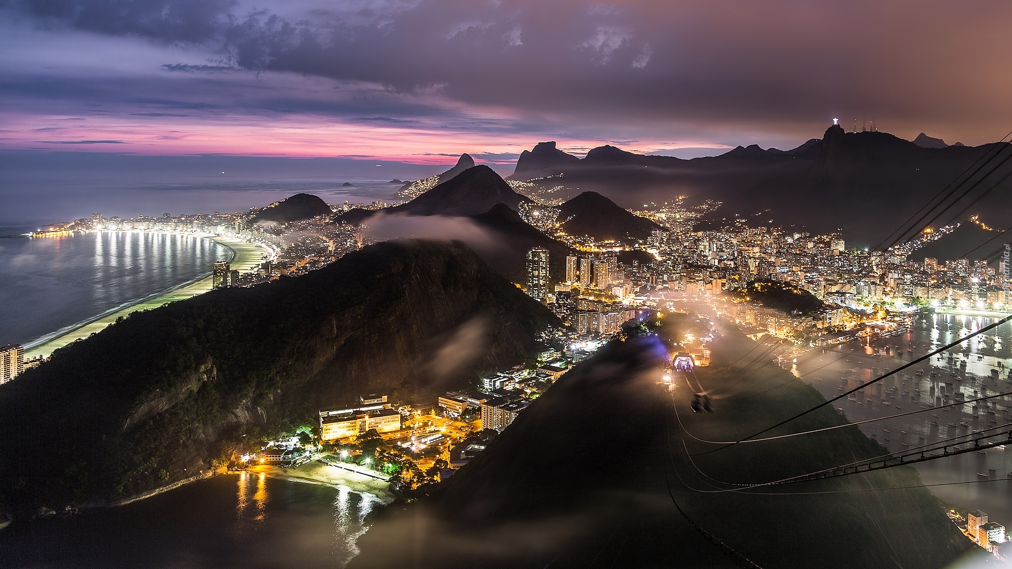 Brazylia, Rio de Janeiro, Miasto nocą, Góry, Morze