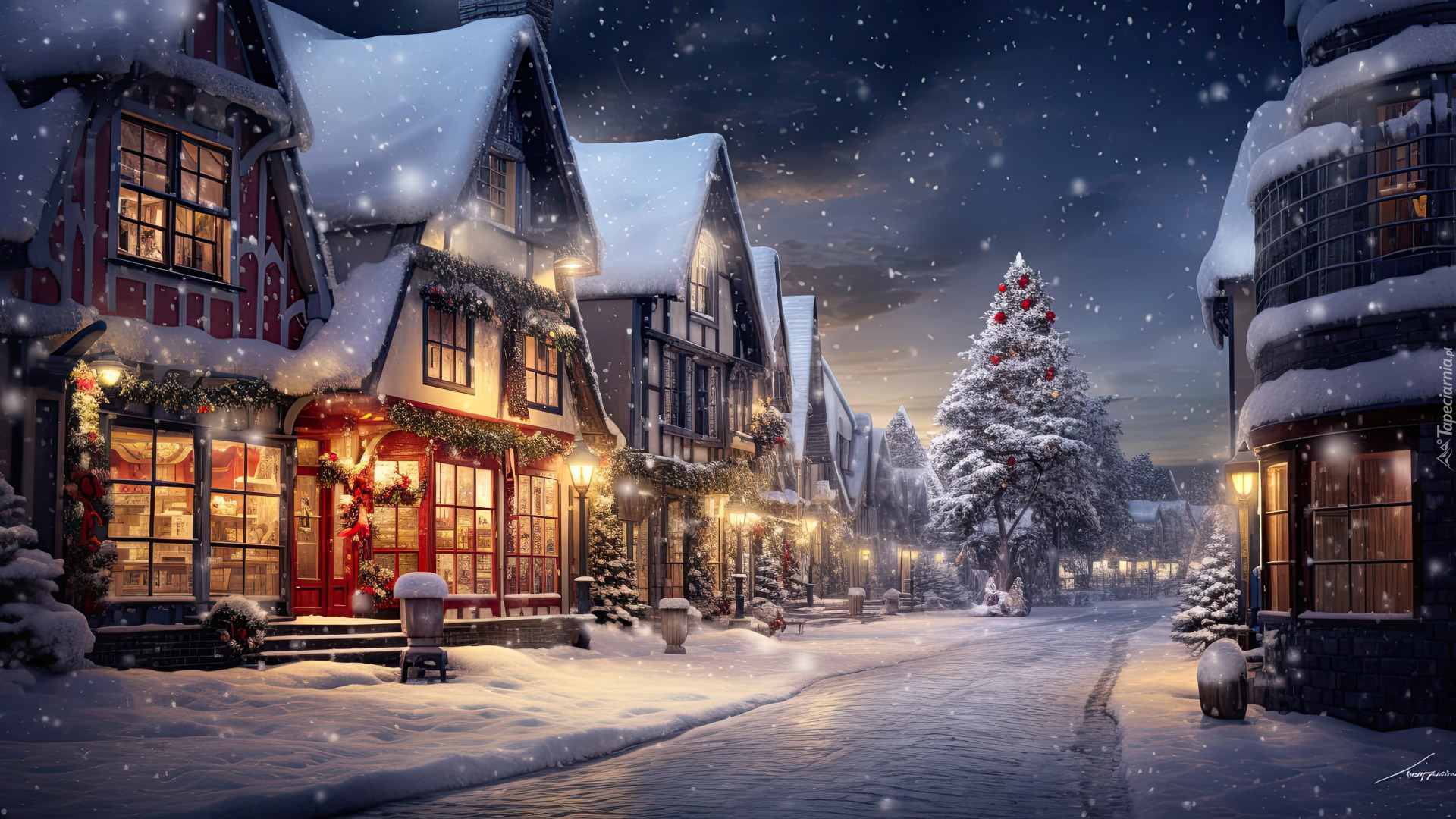 Boże Narodzenie, Miasto, Domy, Ulica, Dekoracja, Choinki, Śnieg, Noc