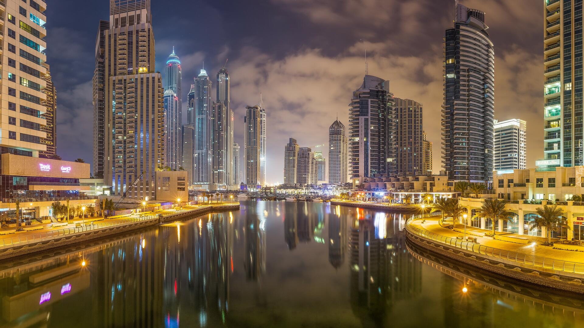 Wieżowce, Rzeka, Dubai Creek, Dzielnica, Dubai Marina, Świt, Dubaj, Zjednoczone Emiraty Arabskie