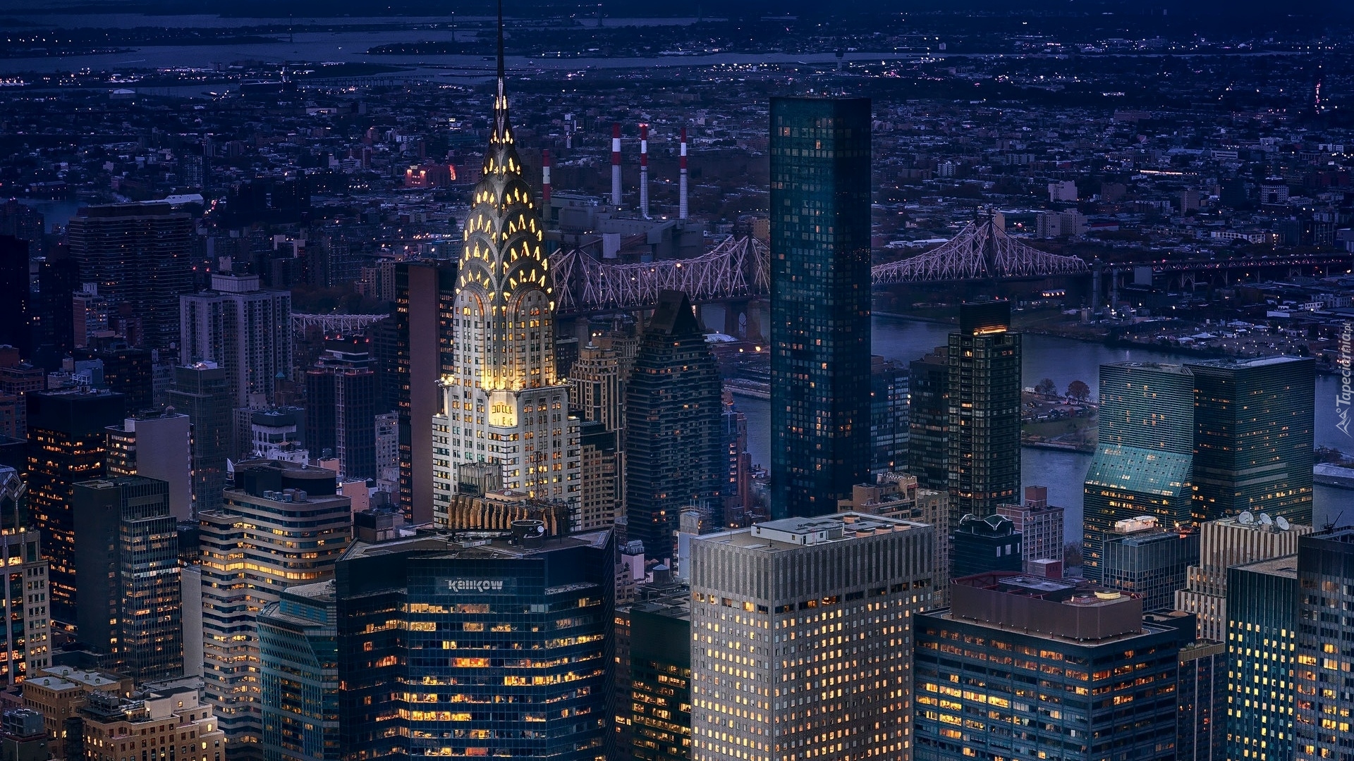 Miasto nocą, Manhattan, Nowy Jork, Oświetlony, Wieżowiec, Chrysler Building, Stany Zjednoczone