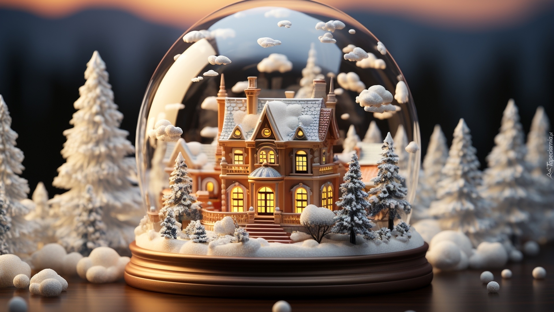 Szklana, Śnieżna, Kula, Domek, Białe, Choinki, Zima