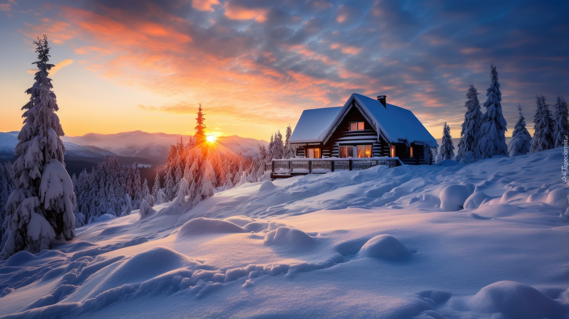 Zima, Dom, Góry, Zachód słońca, Drzewa