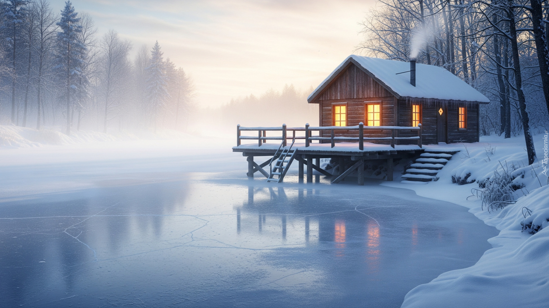 Zima, Rzeka, Dom, Drzewa, Mgła