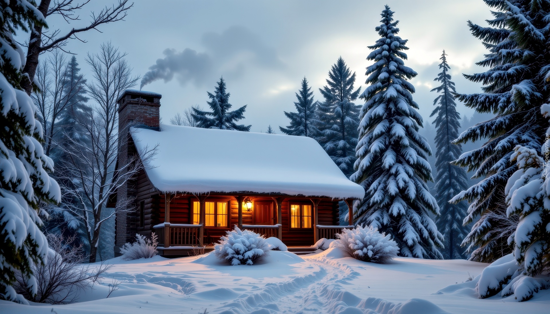 Zima, Oświetlony, Dom, Drzewa, Dym, Grafika AI