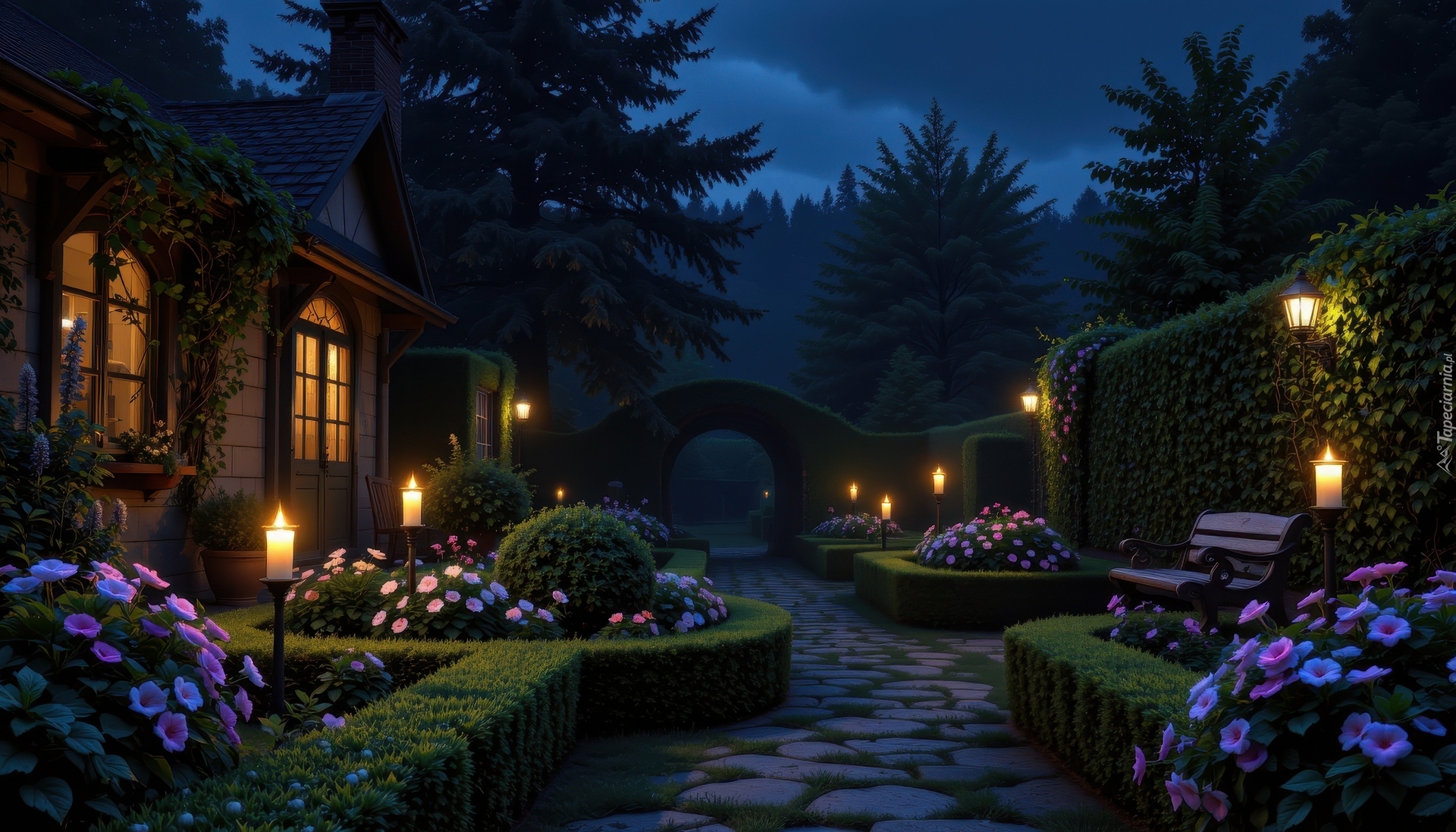 Dom, Latarnie, Żywopłot, Rabatki, Kwiaty, Ogród