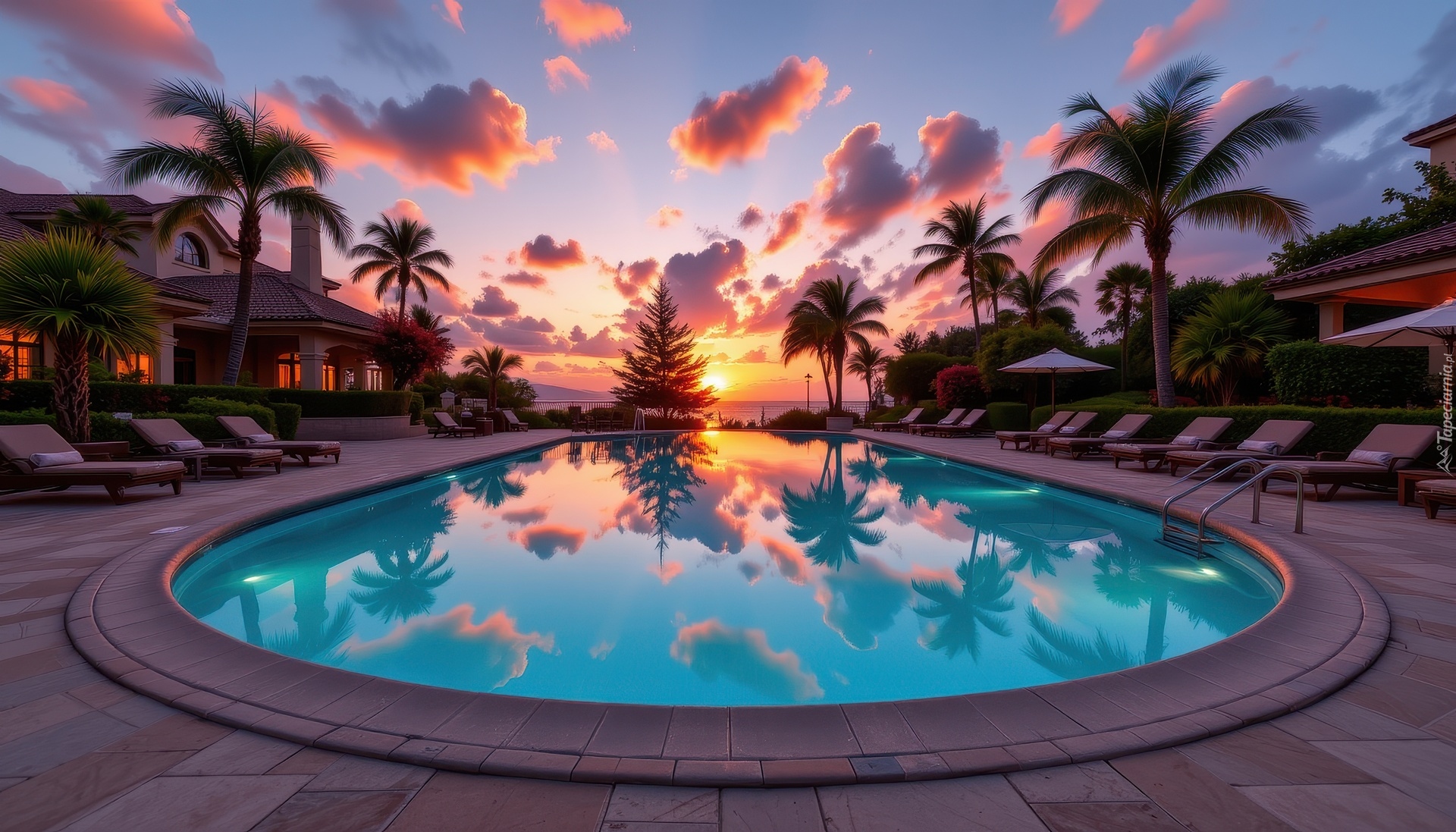 Basen, Dom, Palmy, Zachód słońca, Grafika AI