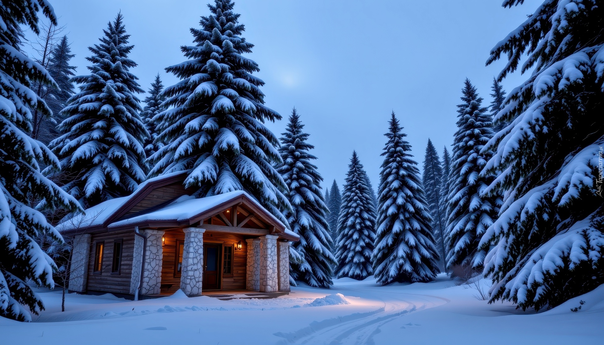 Zima, Dom, Droga, Drzewa, Las, Grafika AI