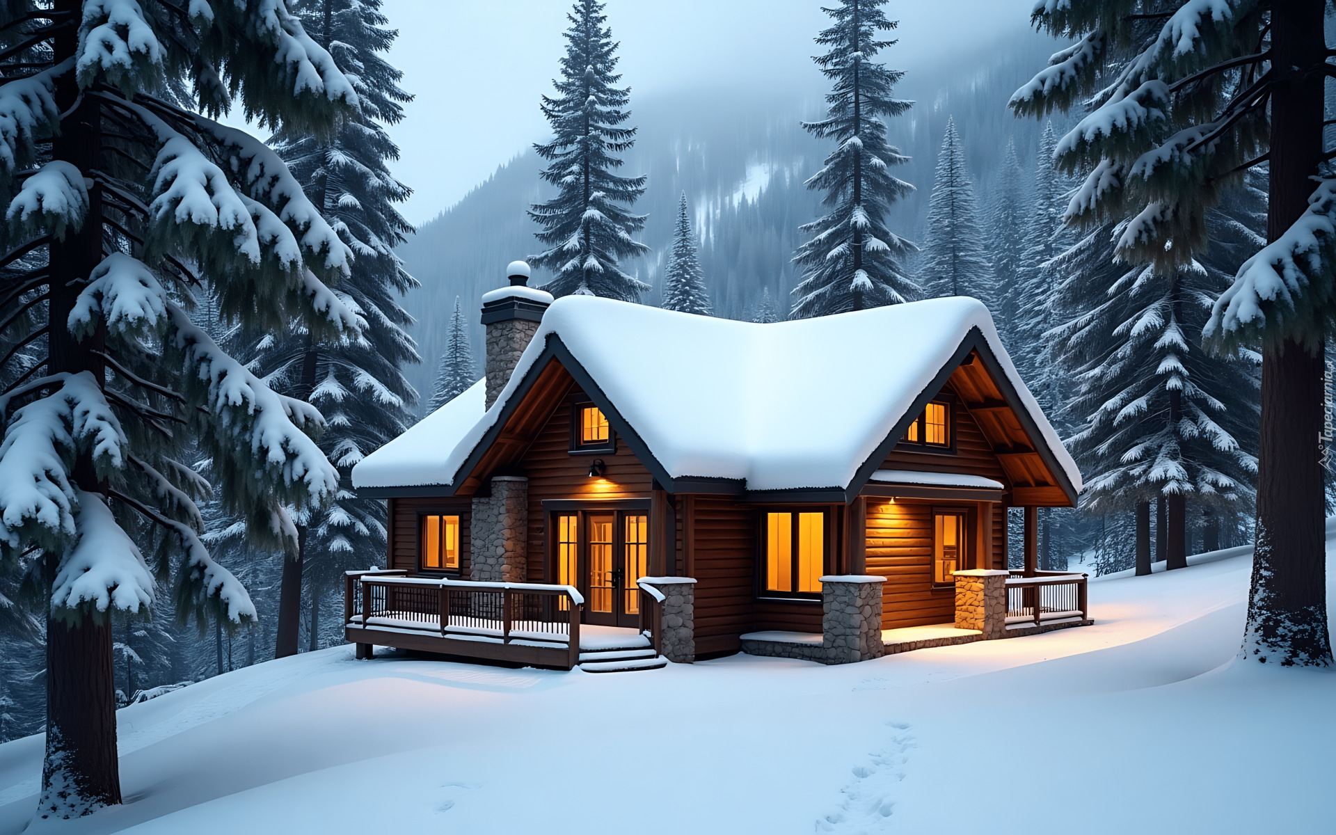 Zima, Las, Dom, Światła, Śnieg, Drzewa