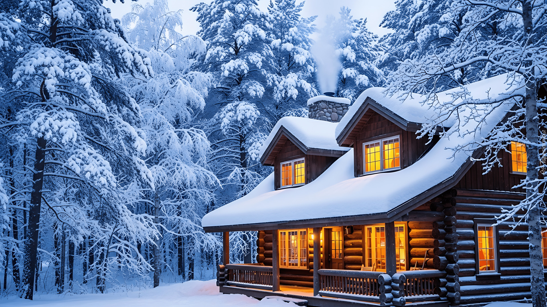 Zima, Las, Ośnieżone, Drzewa, Oświetlony, Dom, Śnieg