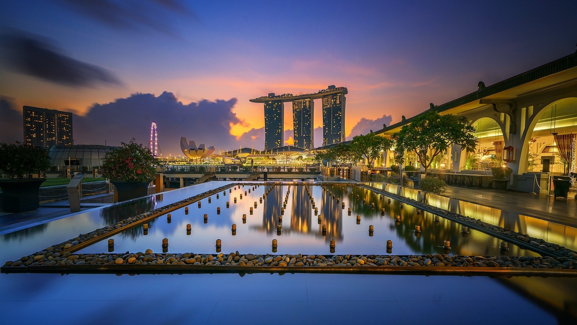 Singapur, Hotel, Marina Bay Sands, Noc, Oświetlenie, Woda