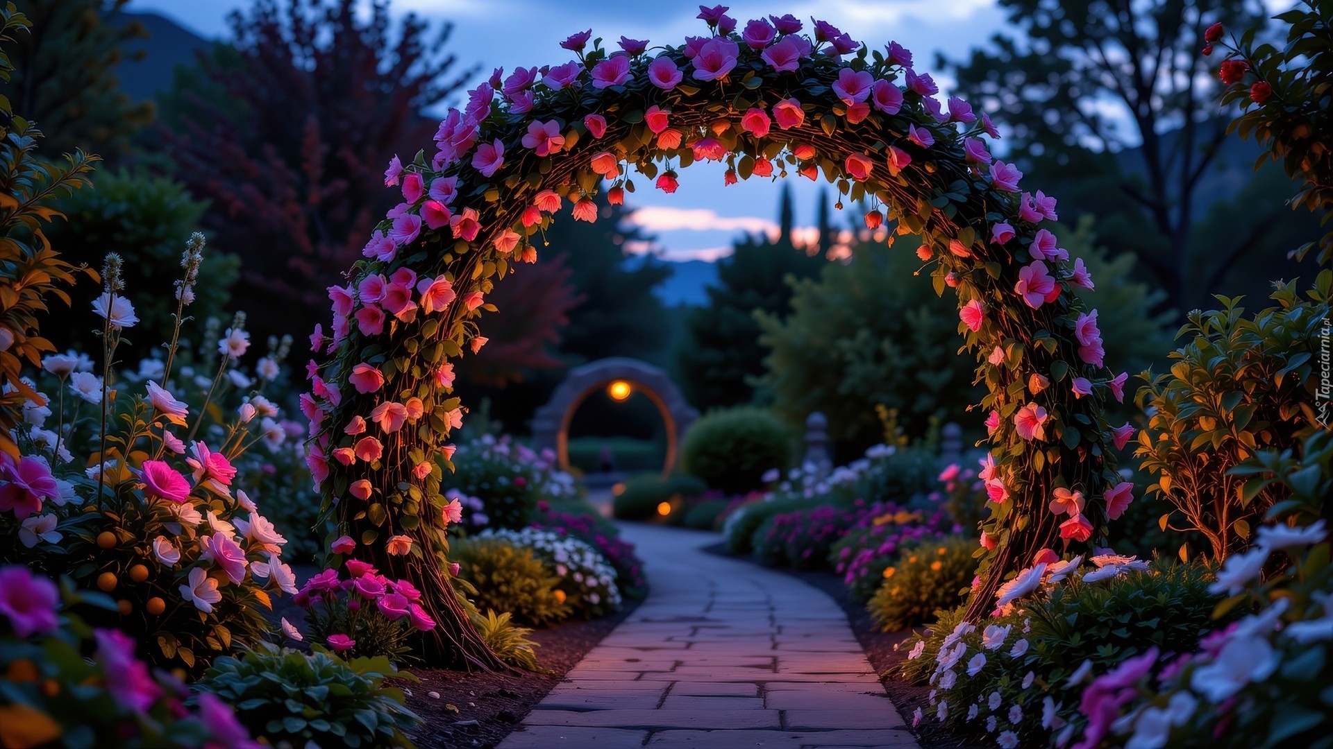 Ogród, Kwiatowy, Łuk, Kolorowe, Kwiaty, Drzewa, Alejka