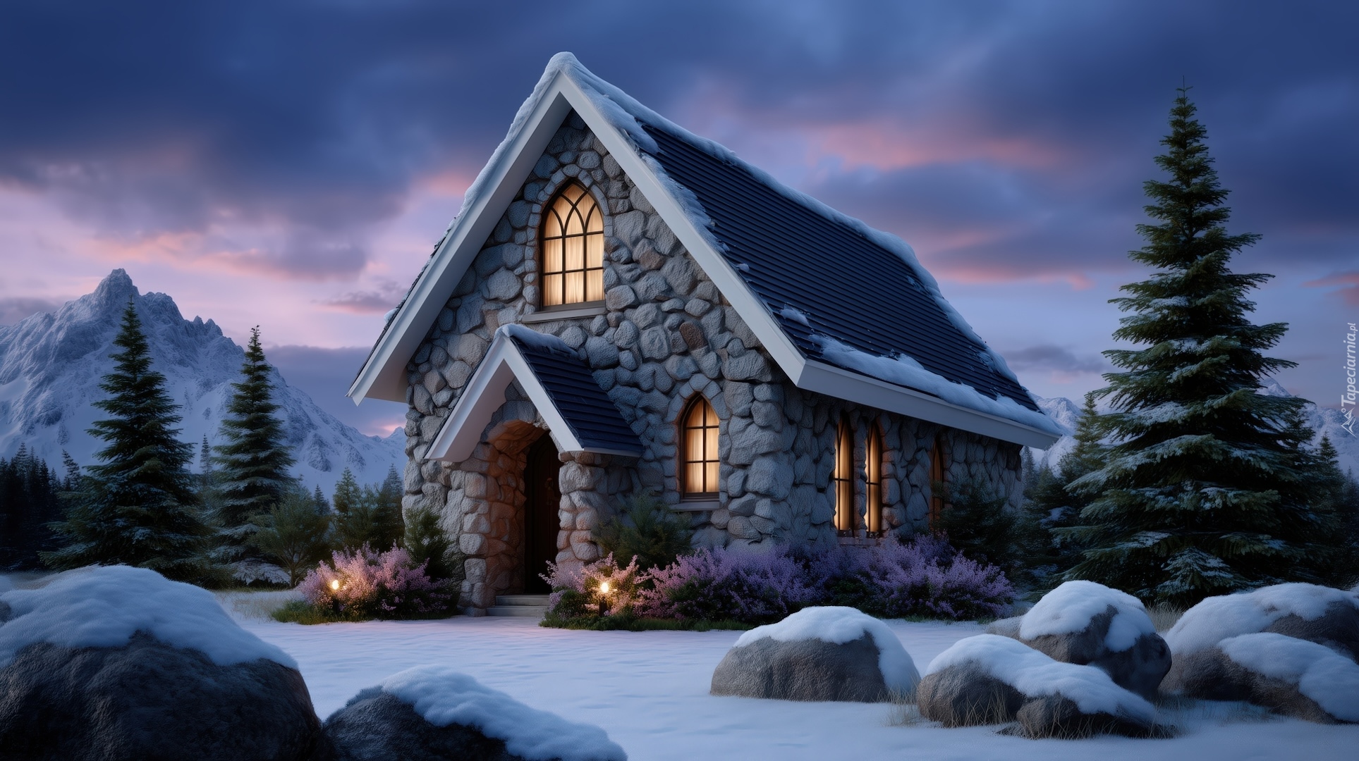 Kamienny, Dom, Góry, Zima, Drzewa, Kamienie