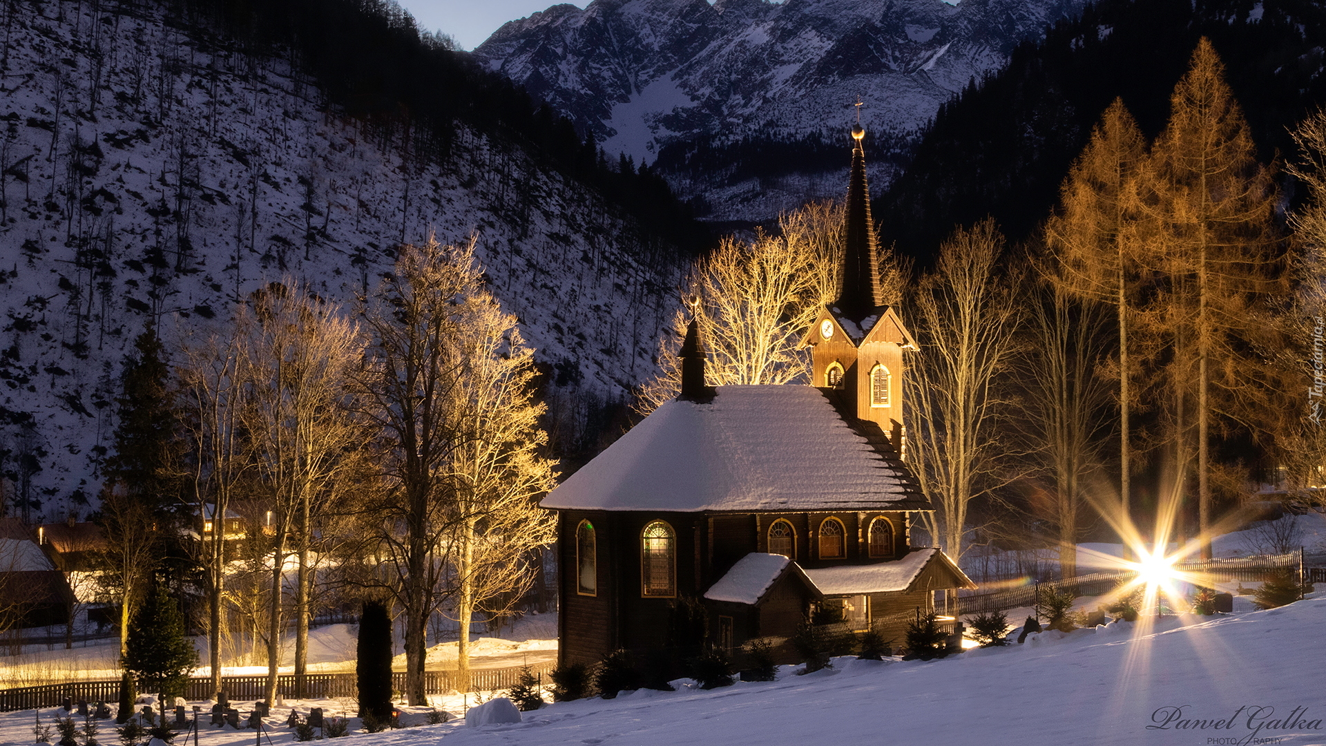 Góry, Tatry, Noc, Światła, Zima, Drzewa, Kościół, Jaworzyna Tatrzańska, Słowacja