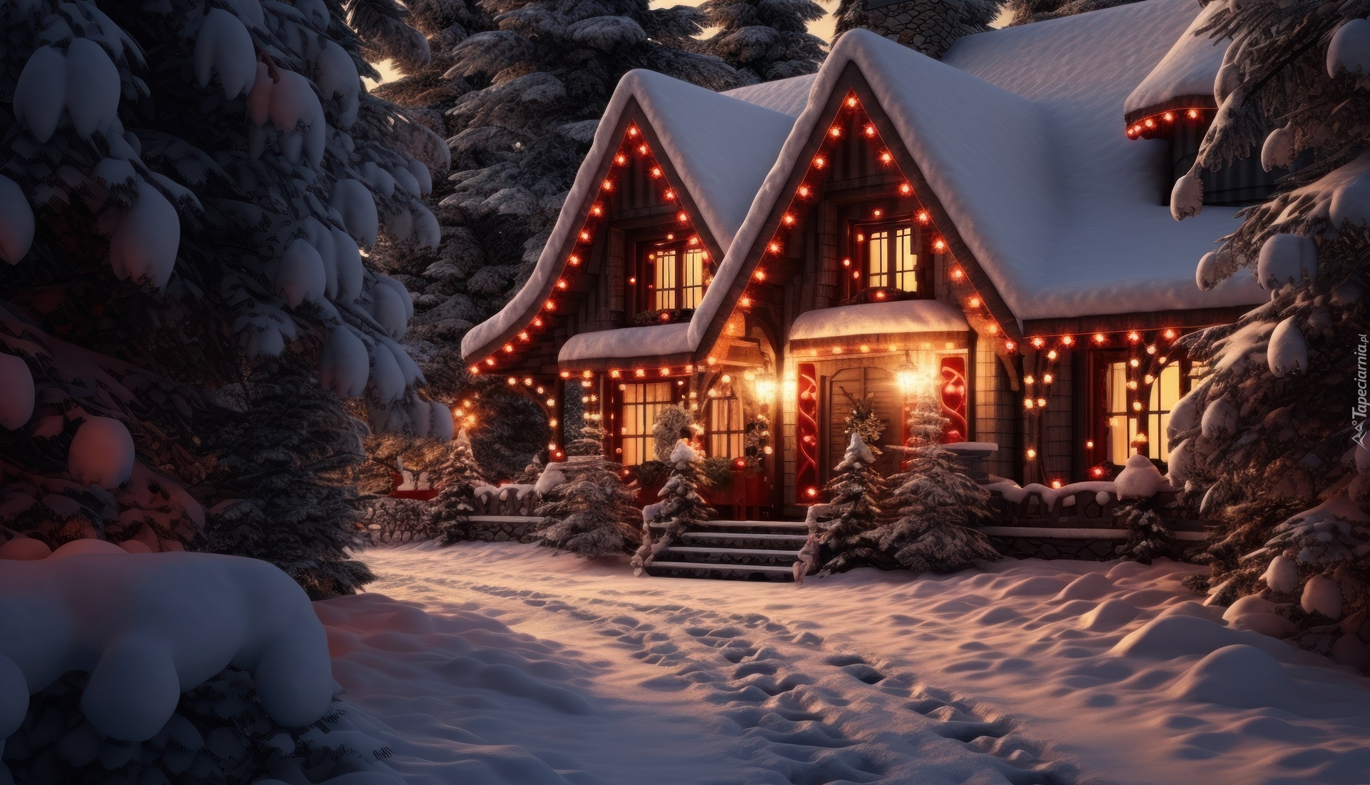 Zima, Ośnieżone, Drzewa, Dom, Światła, Święta, Grafika