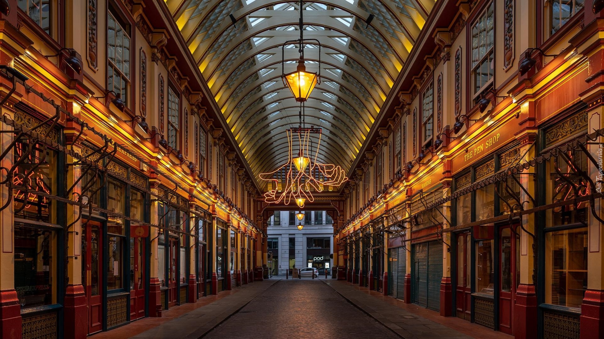 Zadaszona, Ulica, Lampy, Domy, Sklepy, Leadenhall Market, Londyn, Anglia