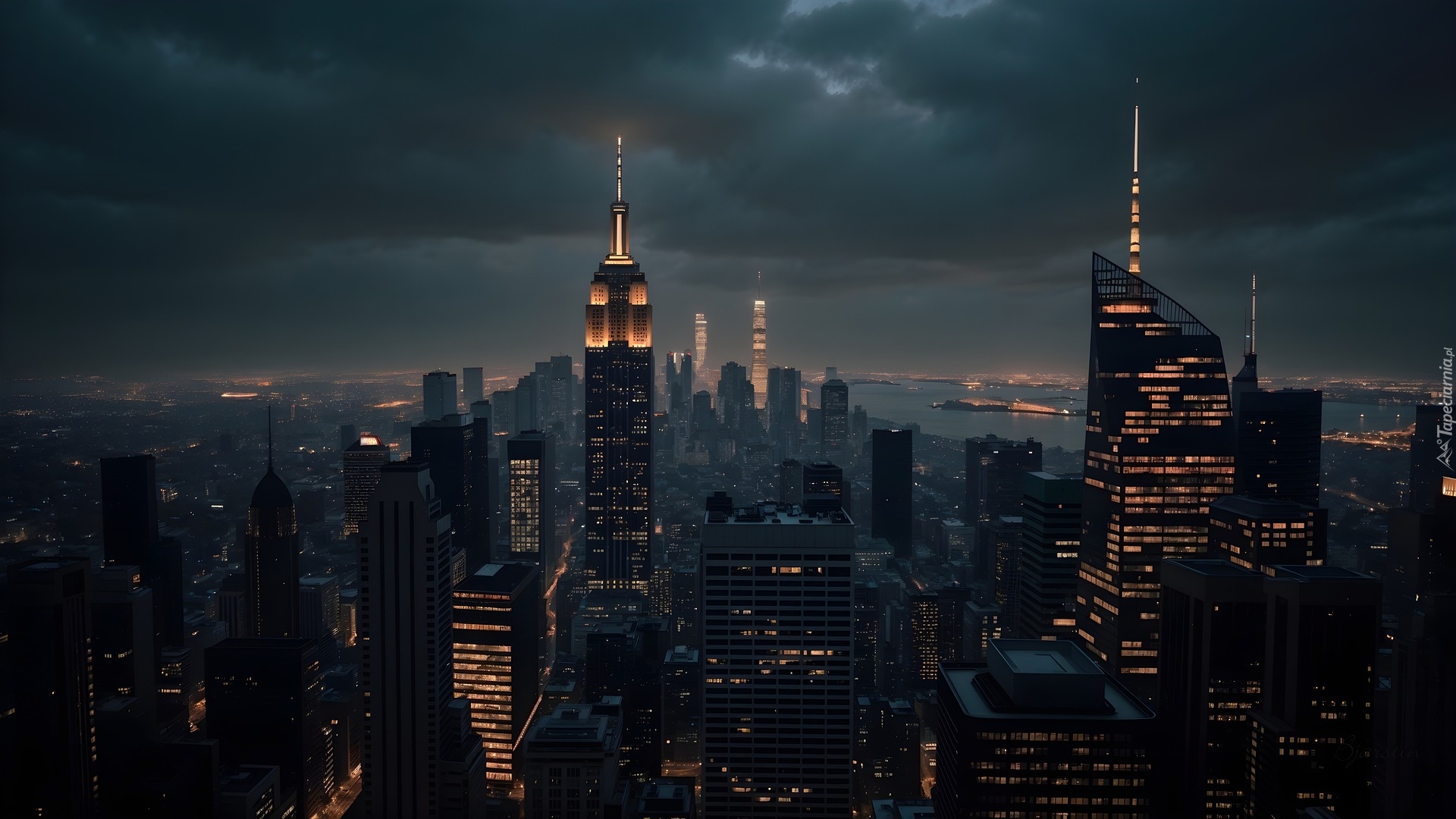 Stany Zjednoczone, Nowy Jork, Manhattan, Drapacze chmur, Wieżowce, Noc, AI