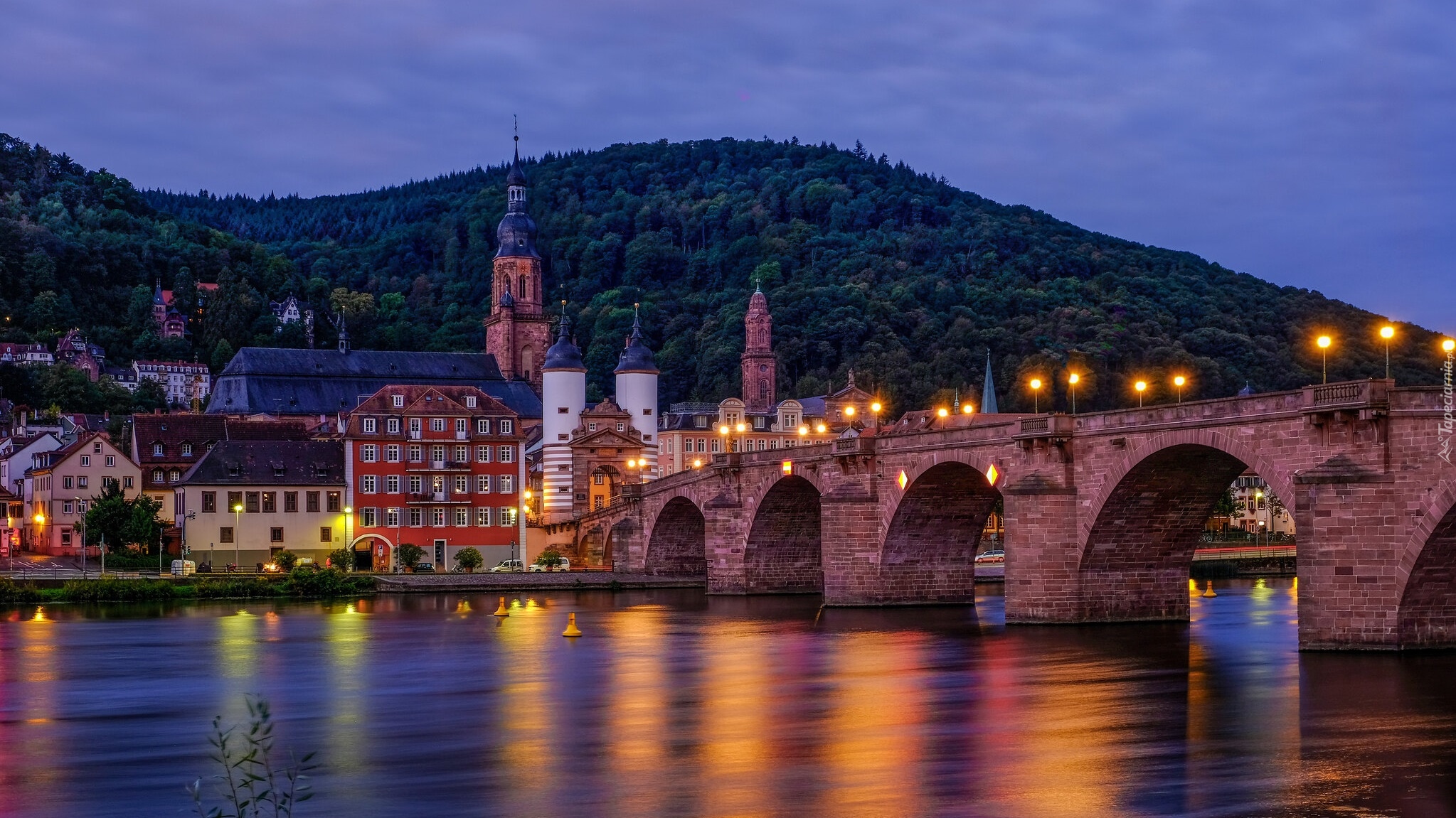 Niemcy, Heidelberg, Góra, Rzeka Neckar, Most, Domy, Kościół