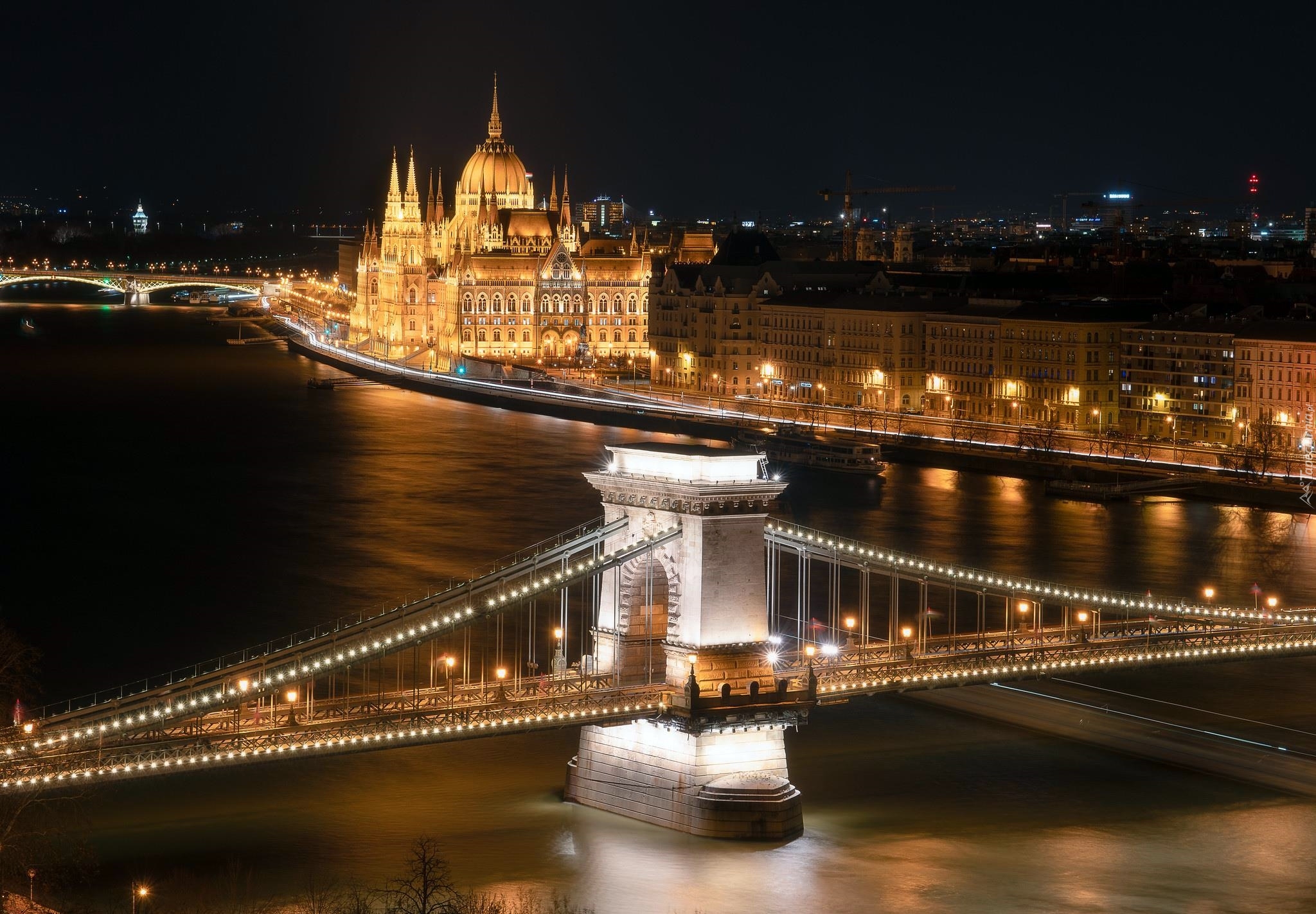 Węgry, Budapeszt, Most Łańcuchowy, Parlament, Rzeka Dunaj, Noc, Światła, Budynki