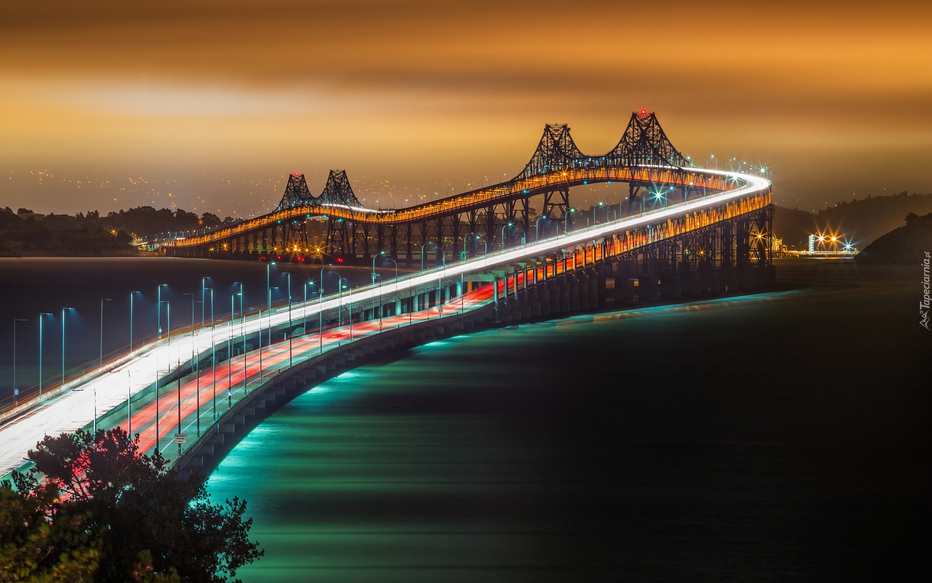 Oświetlony, Most, Rzeka, Wieczór