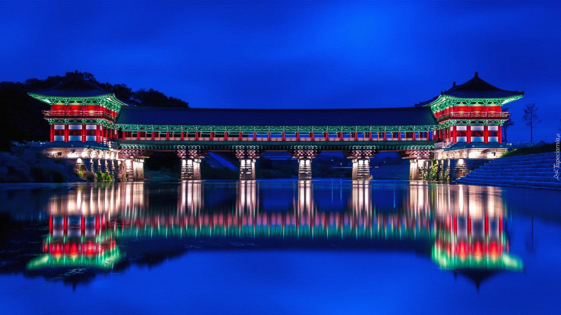 Most, Woljeonggyo Bridge, Światła, Odbicie, Gyeongju, Korea Południowa