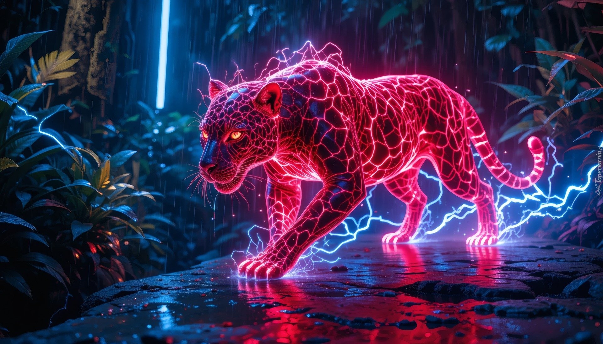 Zwierzę, Drapieżne, Dzikie, Jaguar, Stąpanie, Oświetlenie, Elektryczny, Kolor, Różowy, Grafika, Komputerowa