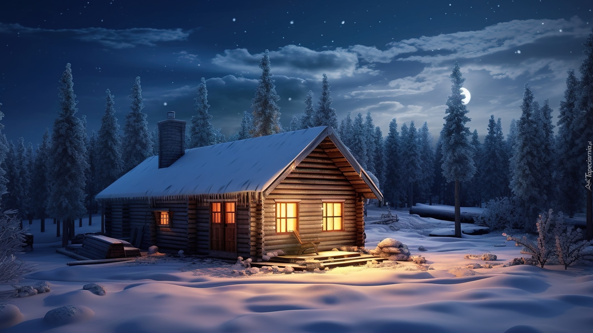 Zima, Dom, Światła, Drzewa, Noc, Księżyc, Grafika