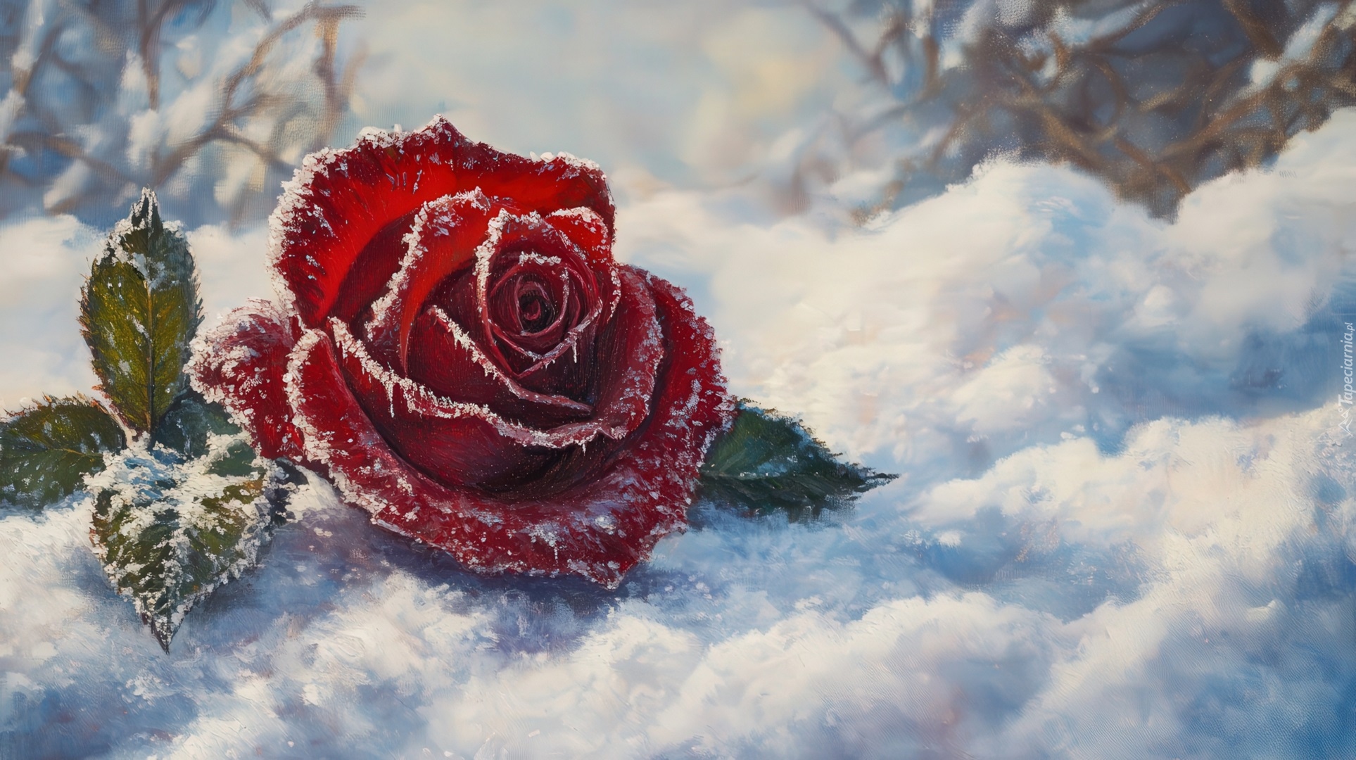 Śnieg, Czerwona, Róża, Listki, Śnieg, Szron