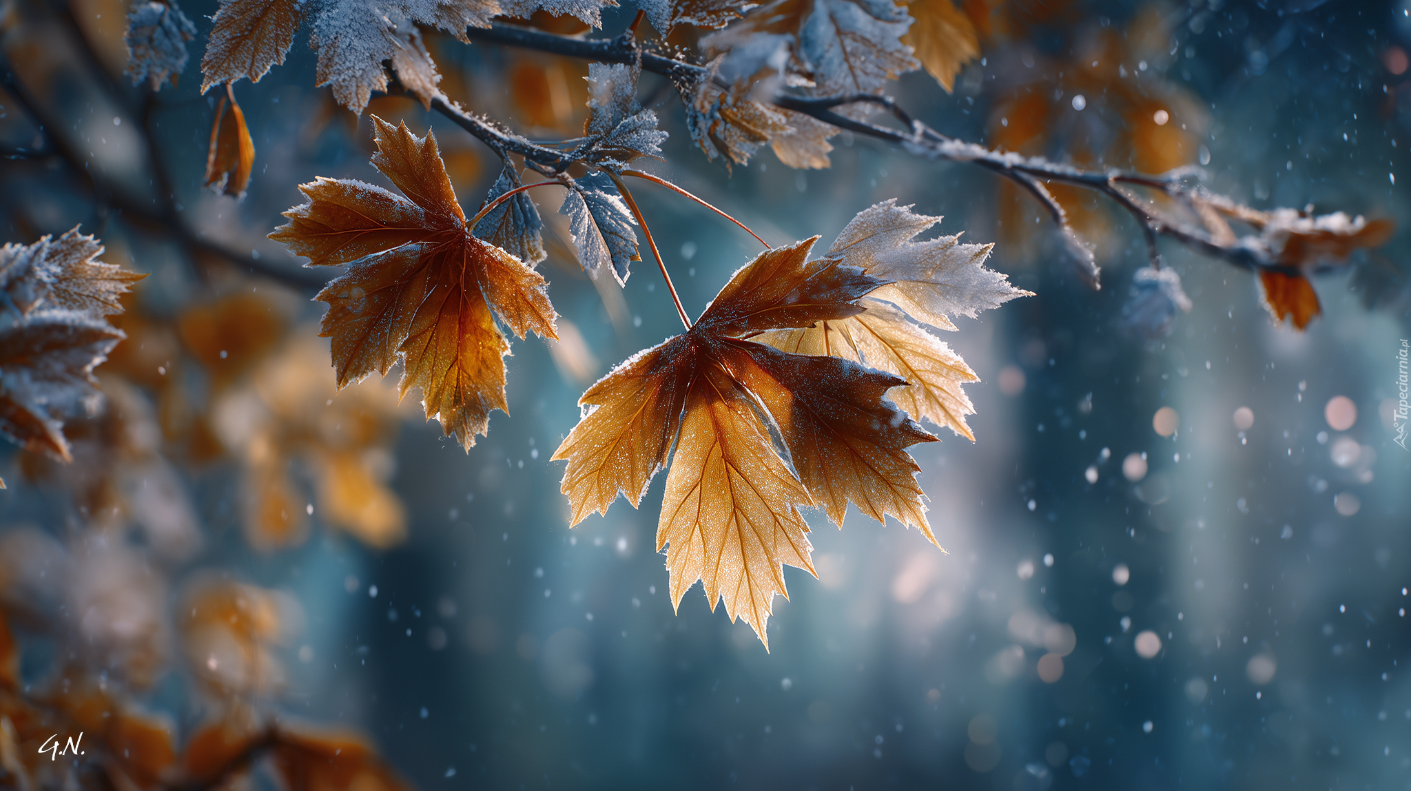Jesienne, Liście, Oszronione, Grafika AI