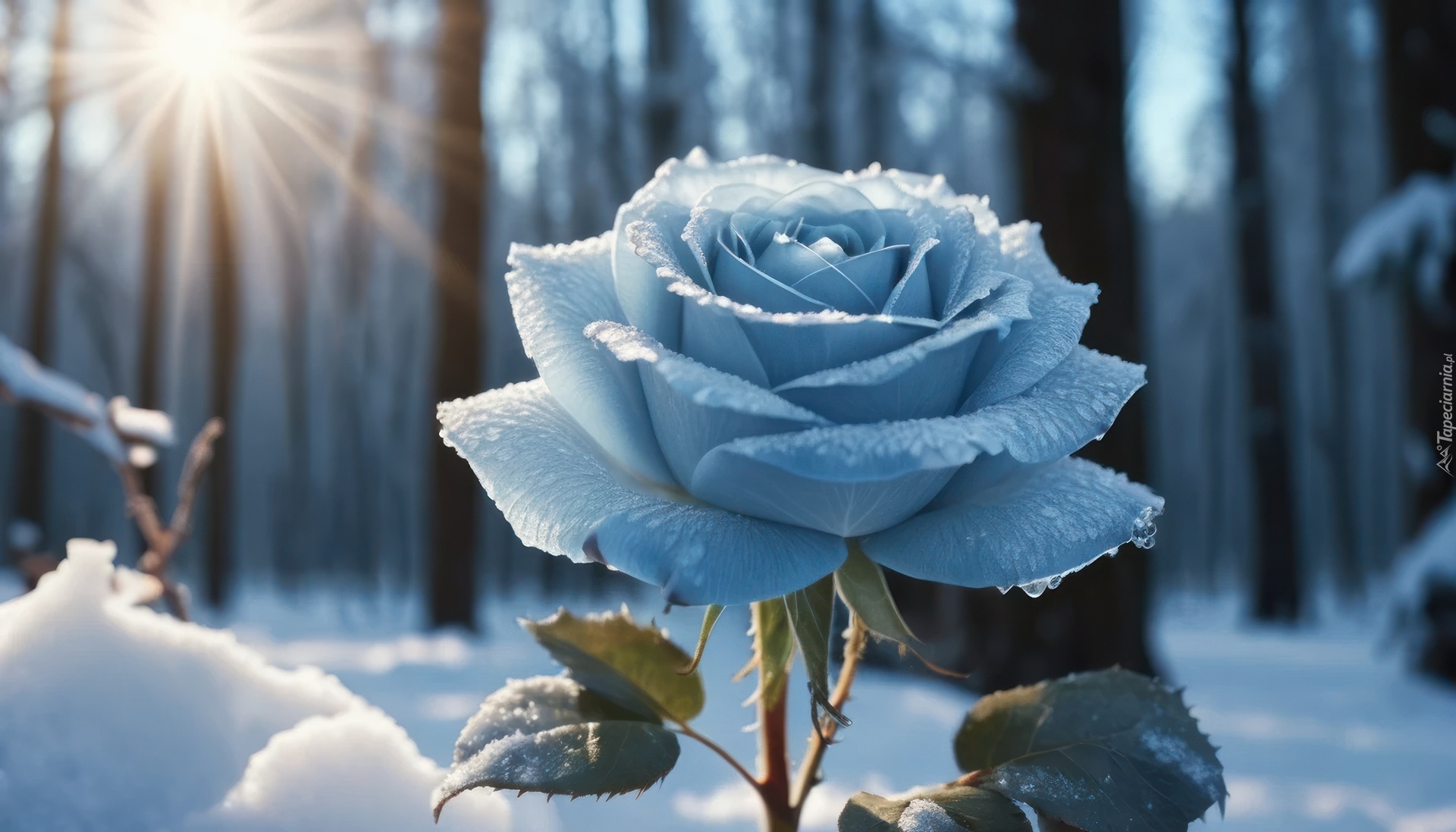 Róża, Szron, Zima, Promienie słońca, Grafika AI