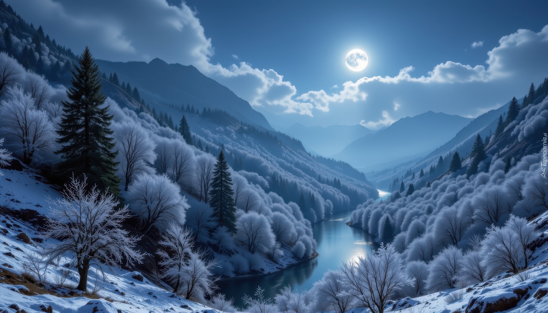 Zima, Góry, Las, Oszronione, Drzewa, Rzeka, Śnieg, Noc, Księżyc, Grafika AI