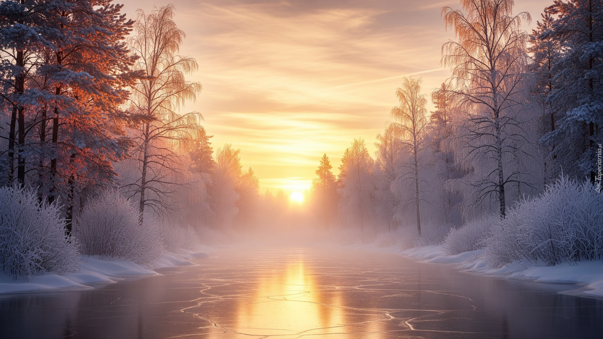 Zima, Rzeka, Mgła, Oszronione, Drzewa, Las, Wschód słońca