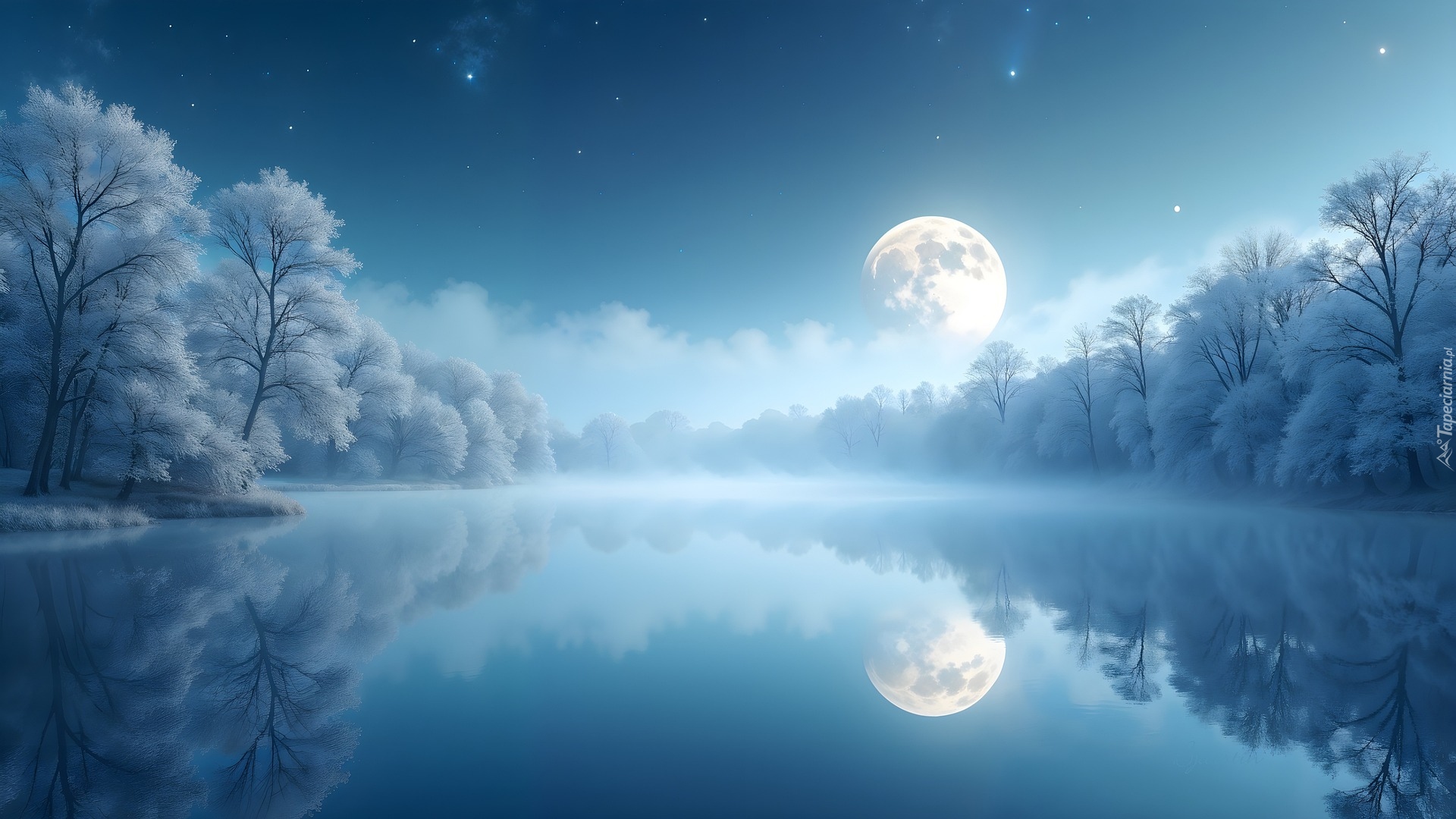 Jezioro, Ośnieżone, Drzewa, Księżyc
