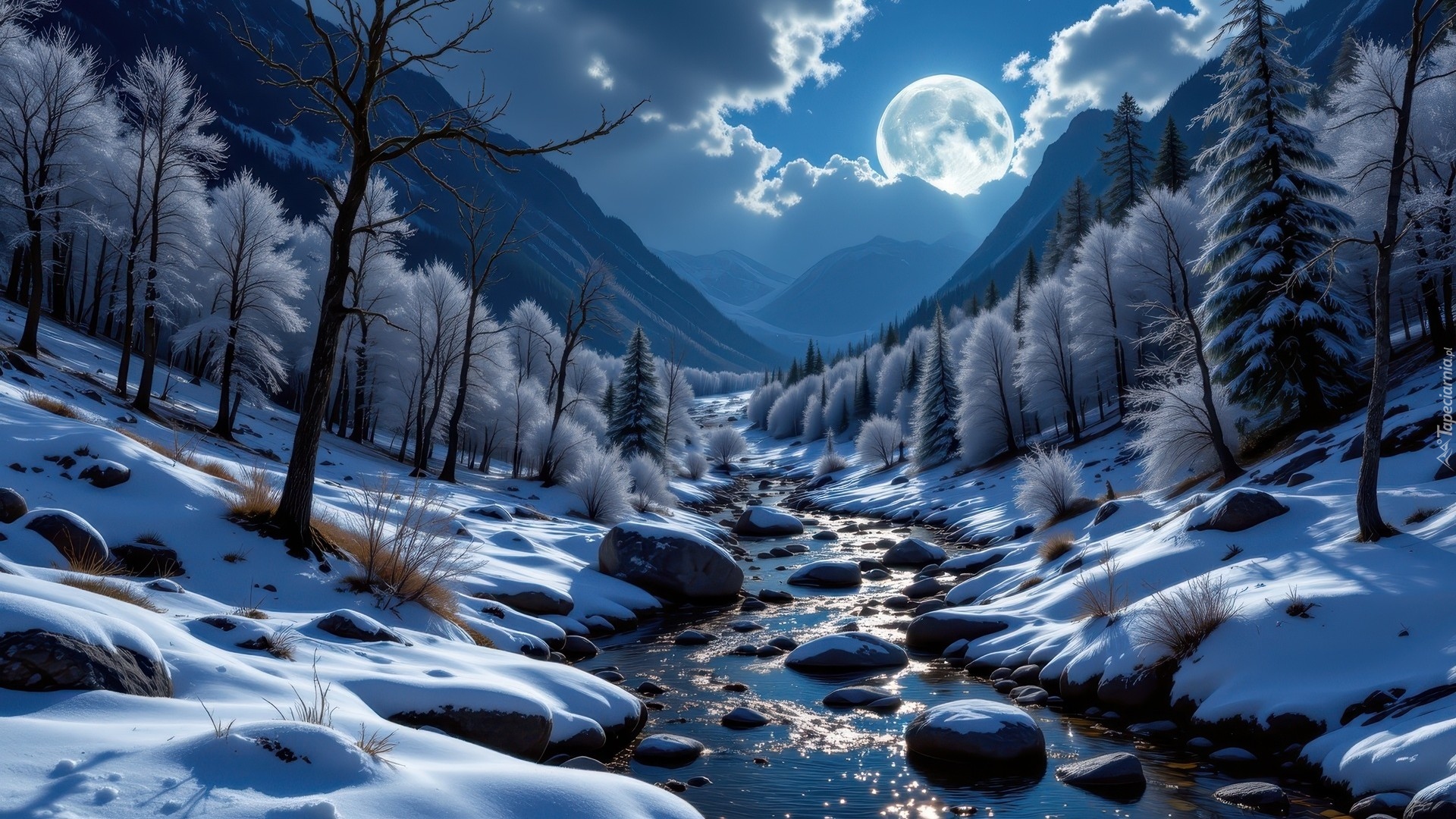 Zima, Rzeka, Góry, Księżyc, Oszronione, Drzewa, Kamienie