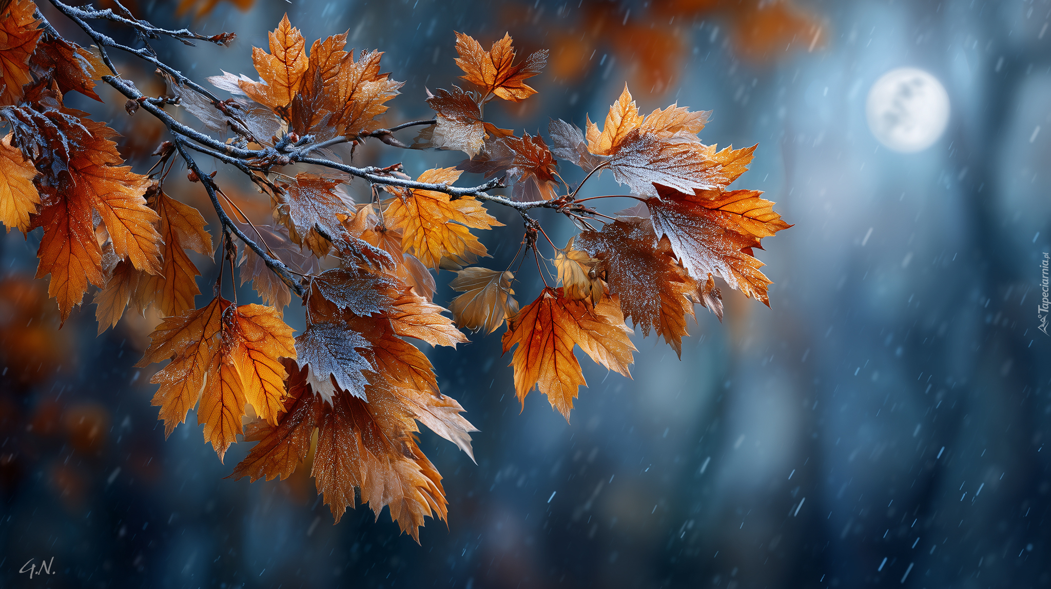 Oszronione, Liście, Jesienne, Grafika, AI