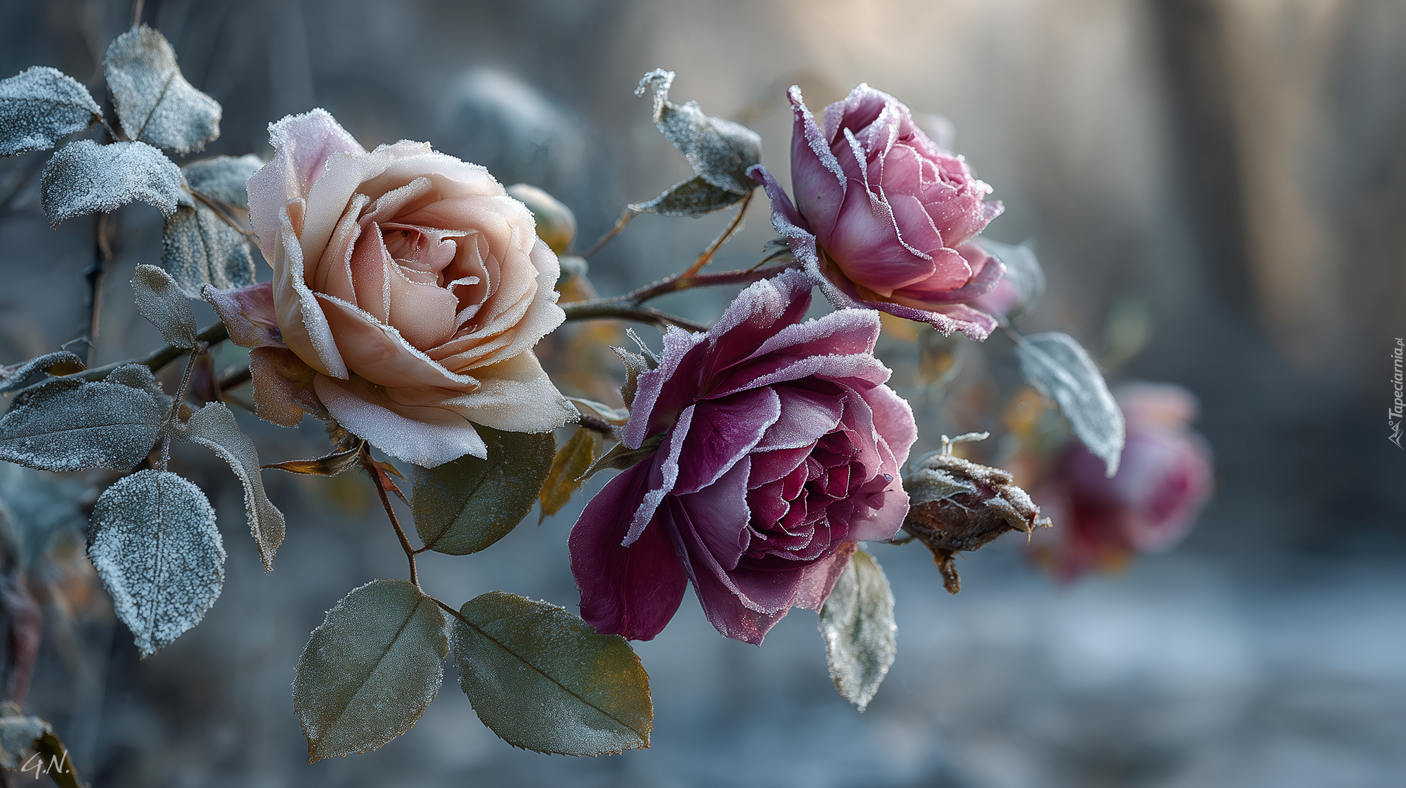 Róże, Oszronione, Kwiaty, Grafika AI