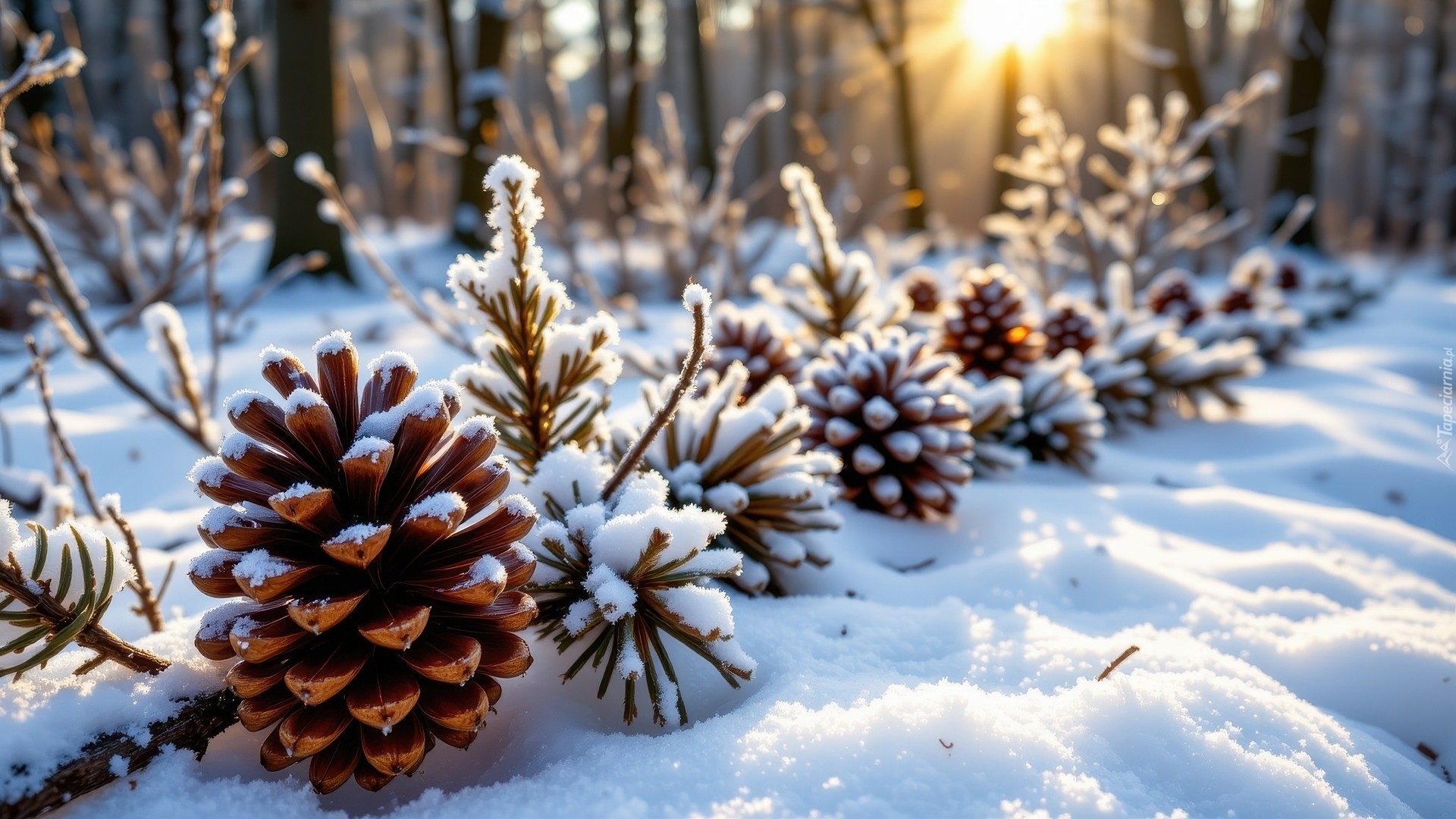 Zima, Las, Promienie słońca, Gałązki, Szyszki, Śnieg, Rośliny