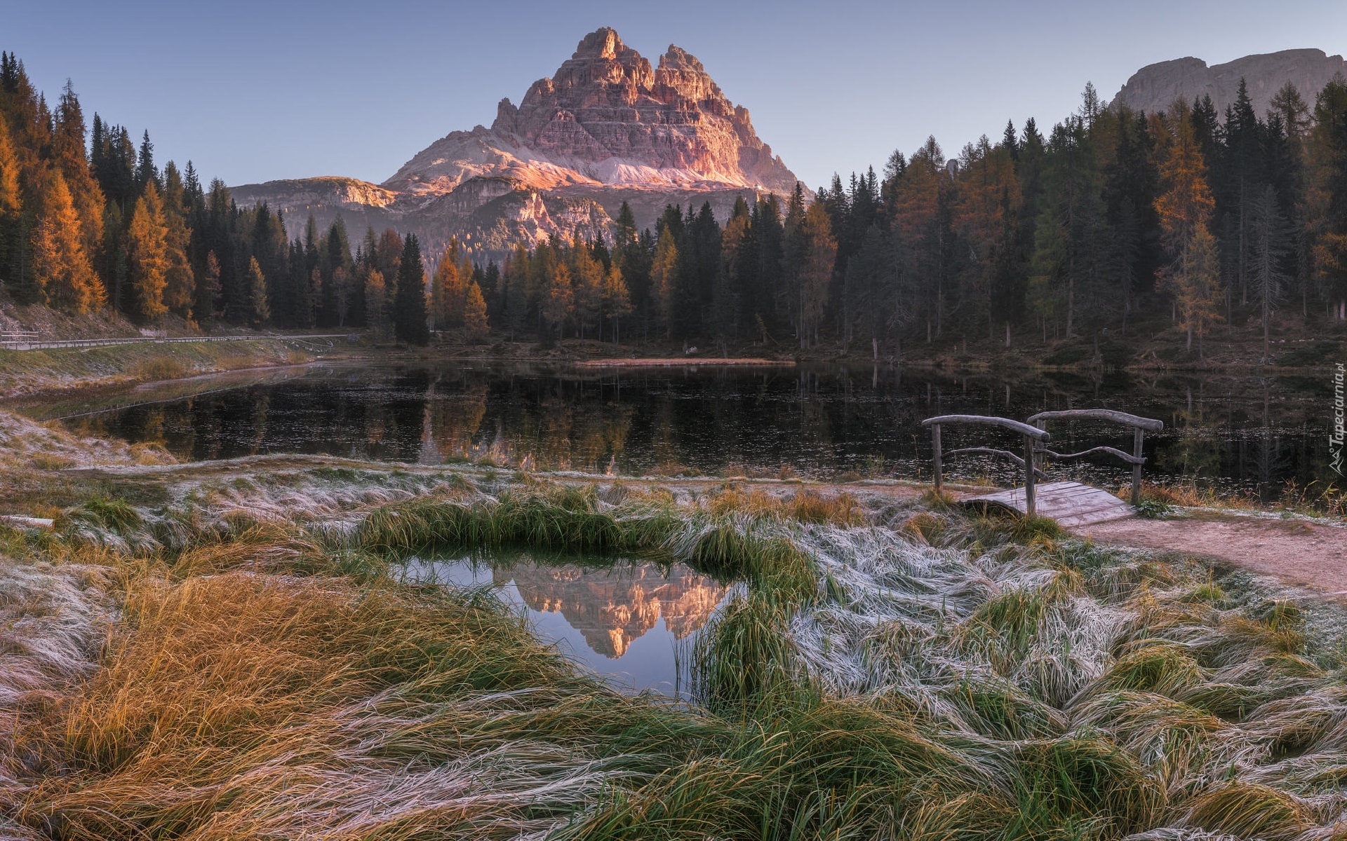 Jezioro, Antorno Lake, Góry Dolomity, Masyw Tre Cime di Lavaredo, Prowincja Belluno, Włochy, Trawy, Mostek, Drzewa