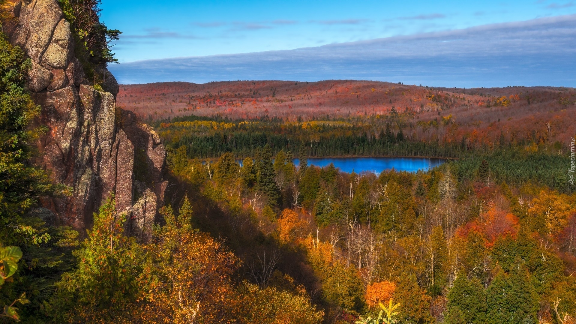 Jesień, Góry, Skały, Jezioro, Oberg Lake, Kolorowe, Drzewa, Minnesota, Stany Zjednoczone