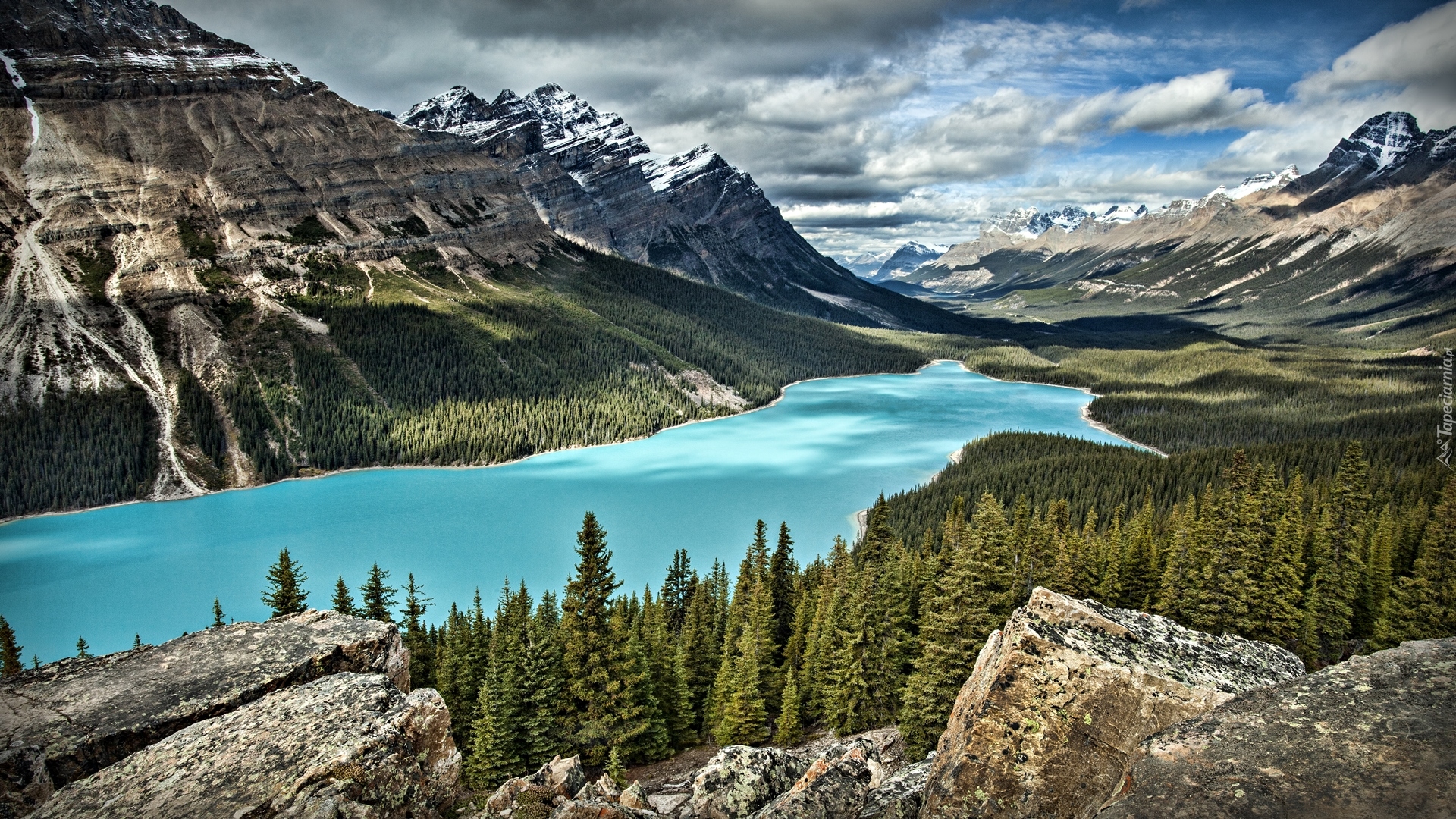 Kanada, Park Narodowy Banff, Góry Canadian Rockies, Jezioro Peyto Lake, Las, Chmury, Skały