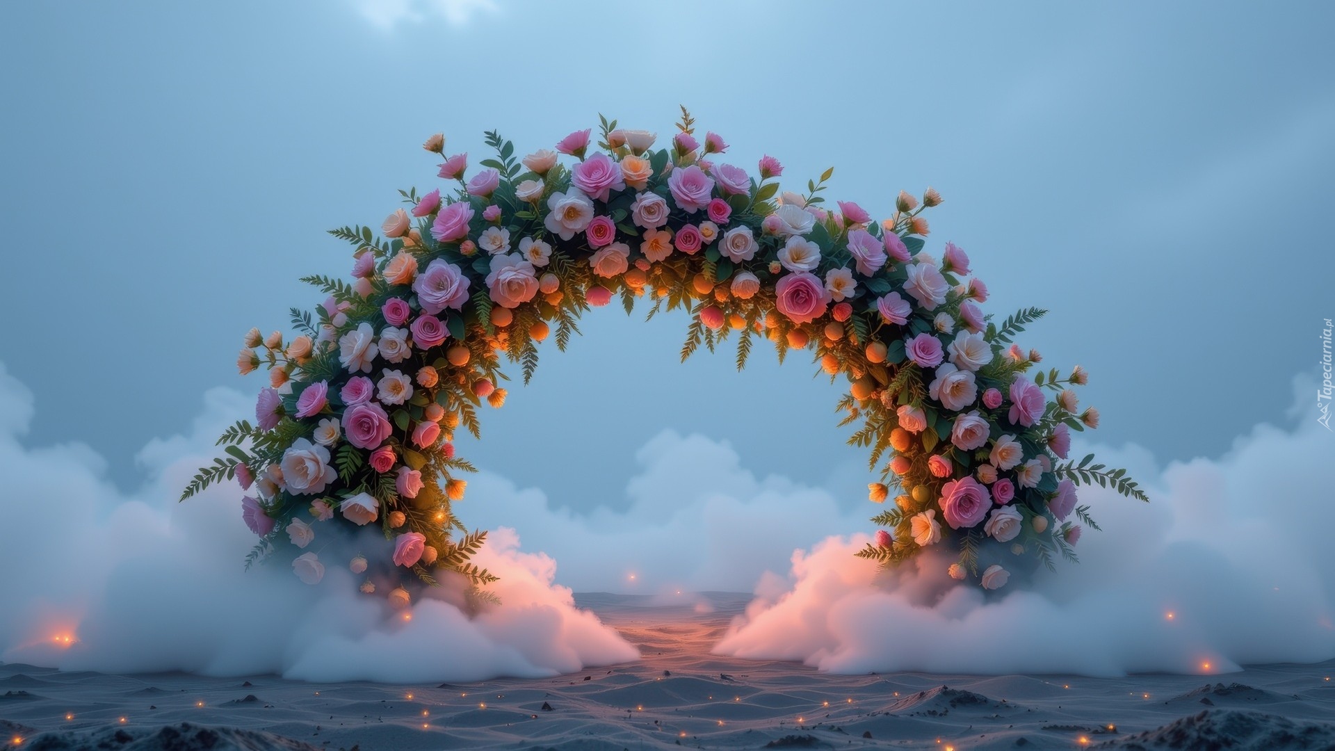 Kwiaty, Łuk, Różowe, Róże, Mgła, Piasek, Grafika