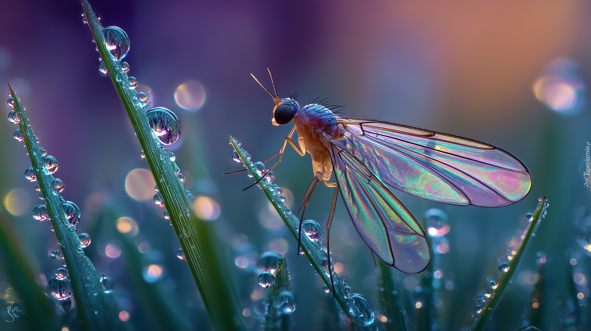 Owad, Źdźbła, Trawa, Krople, Makro, Grafika AI
