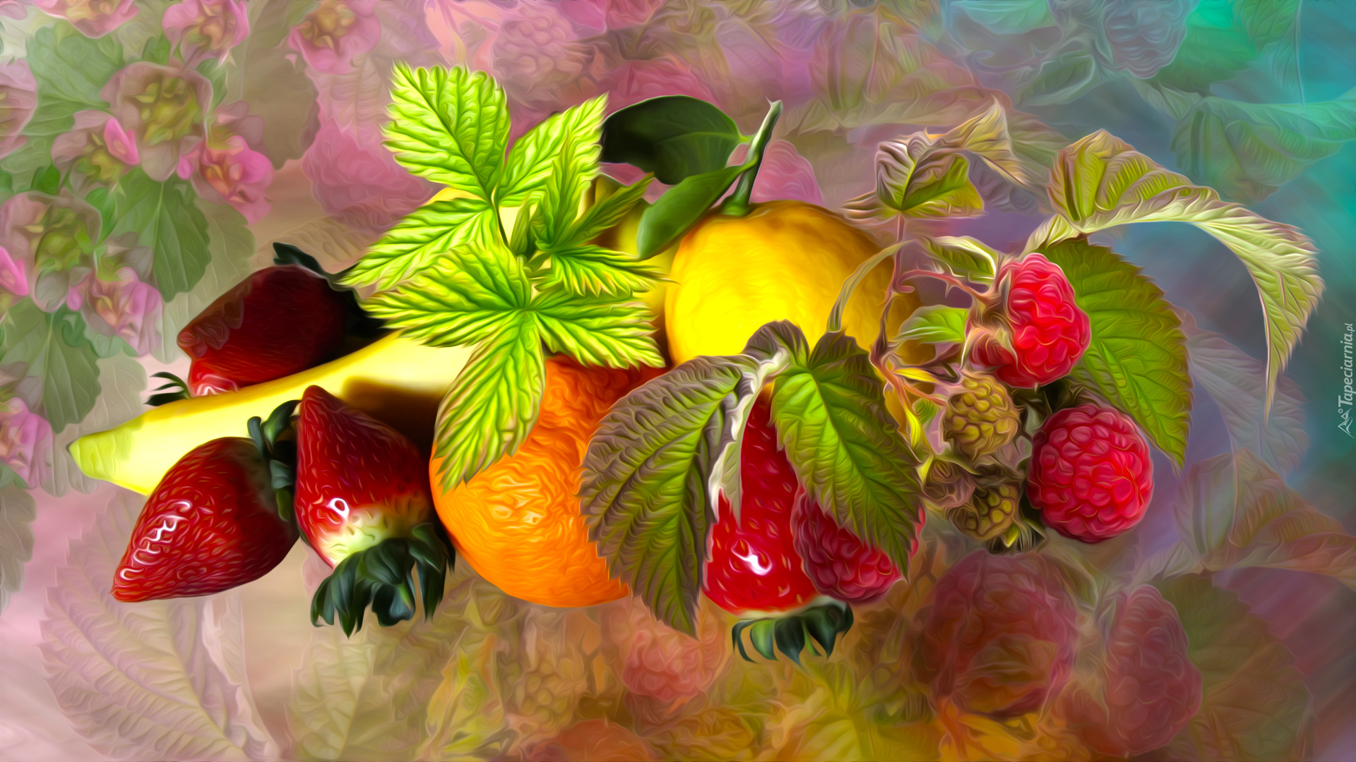 Owoce, Truskawki, Pomarańcza, Cytryna, Maliny, Grafika