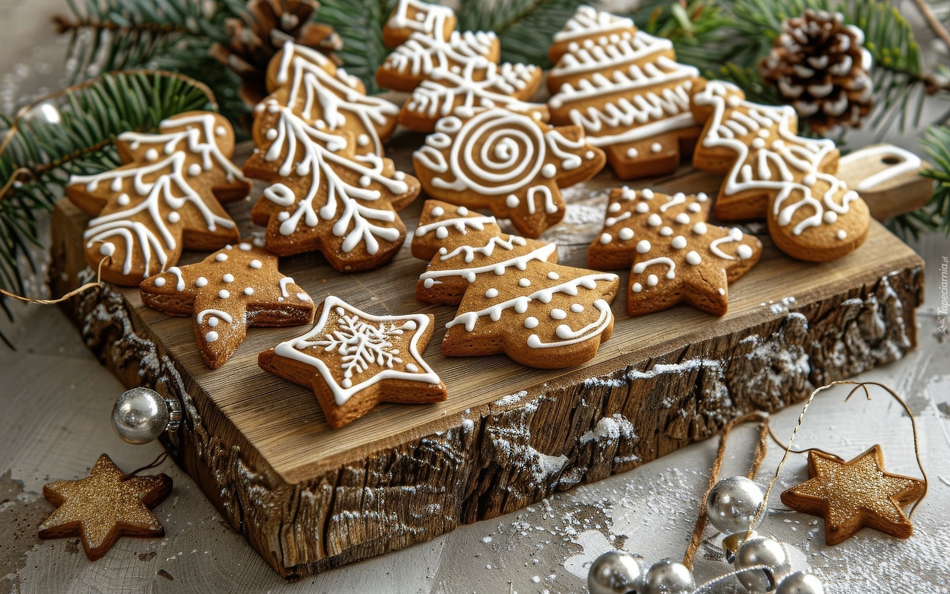 Ozdobione, Ciasteczka, Pierniki, Deska, Gałązki, Bombki