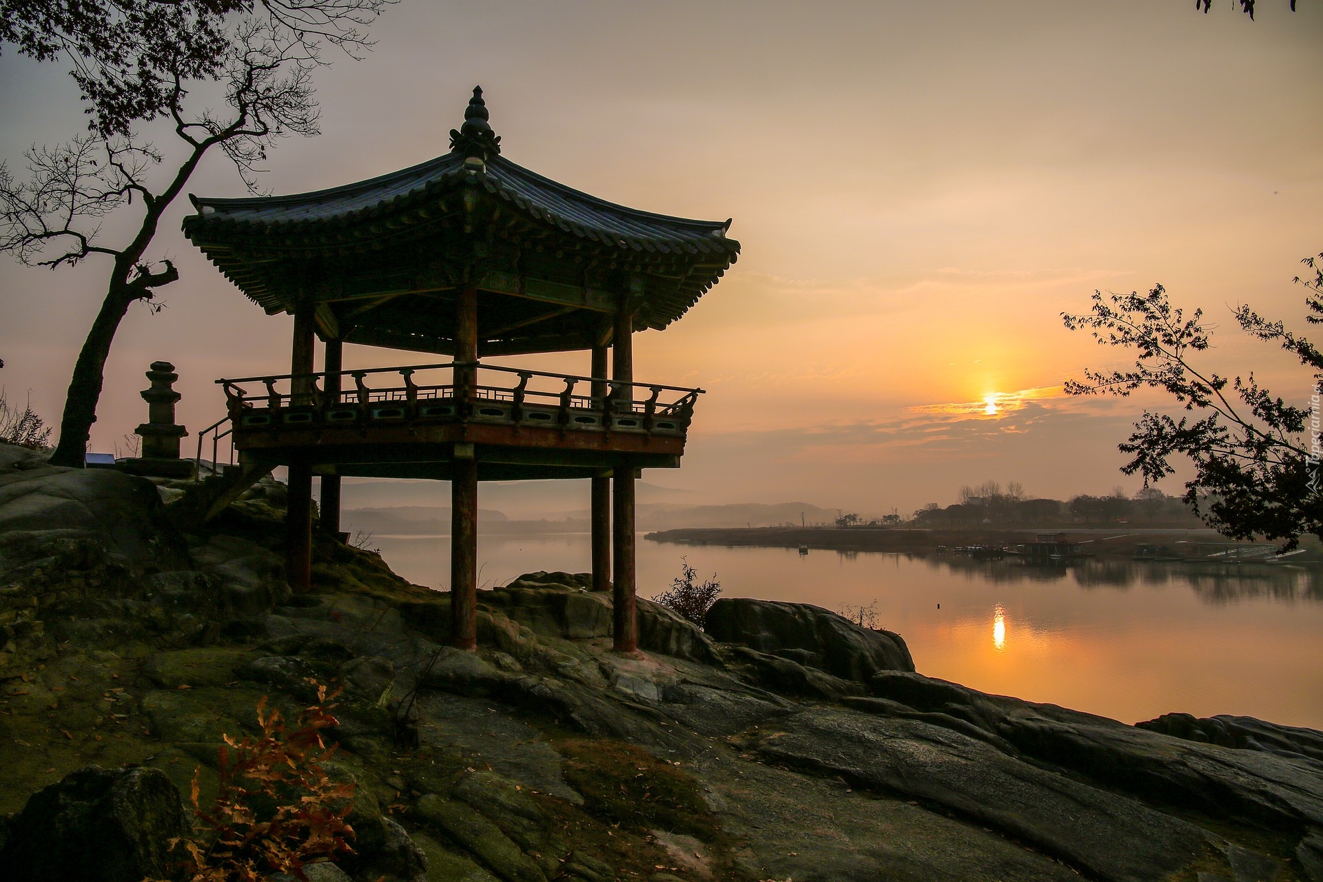 Sinreuksa Tourist Site, Rzeka, Pagoda, Altana, Skały, Wschód słońca, Yeoju, Korea Południowa