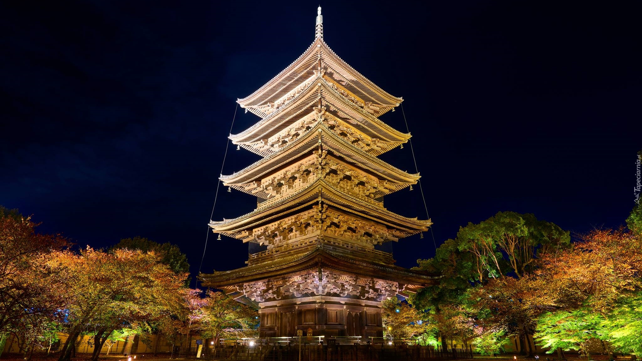 Japonia, Kioto, Świątynia, Tō-ji, Pagoda, Jesień, Drzewa, Noc
