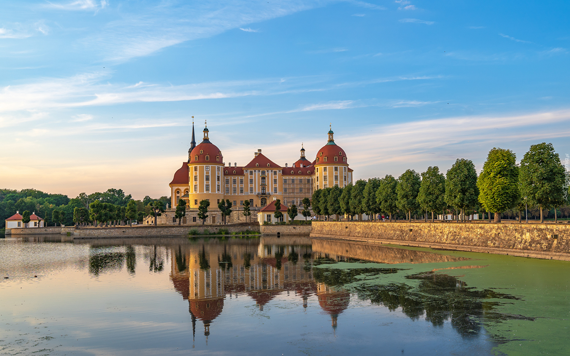 Niemcy, Saksonia, Pałac Moritzburg, Jezioro, Odbicie, Drzewa, Niebo